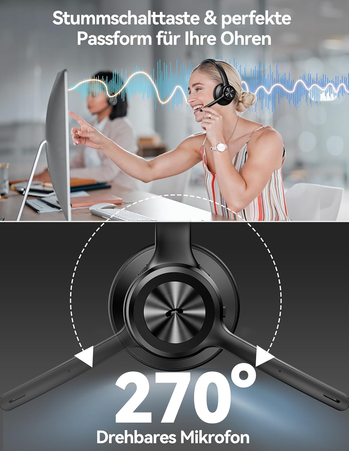 Thumbnail 3 de TECKNET V5.2 Bluetooth Headset mit Mikrofon – Kabellos, Noise Cancelling und Stummschaltung, 50+ Stunden Akku, ideal für Büro, Callcenter und Trucking
