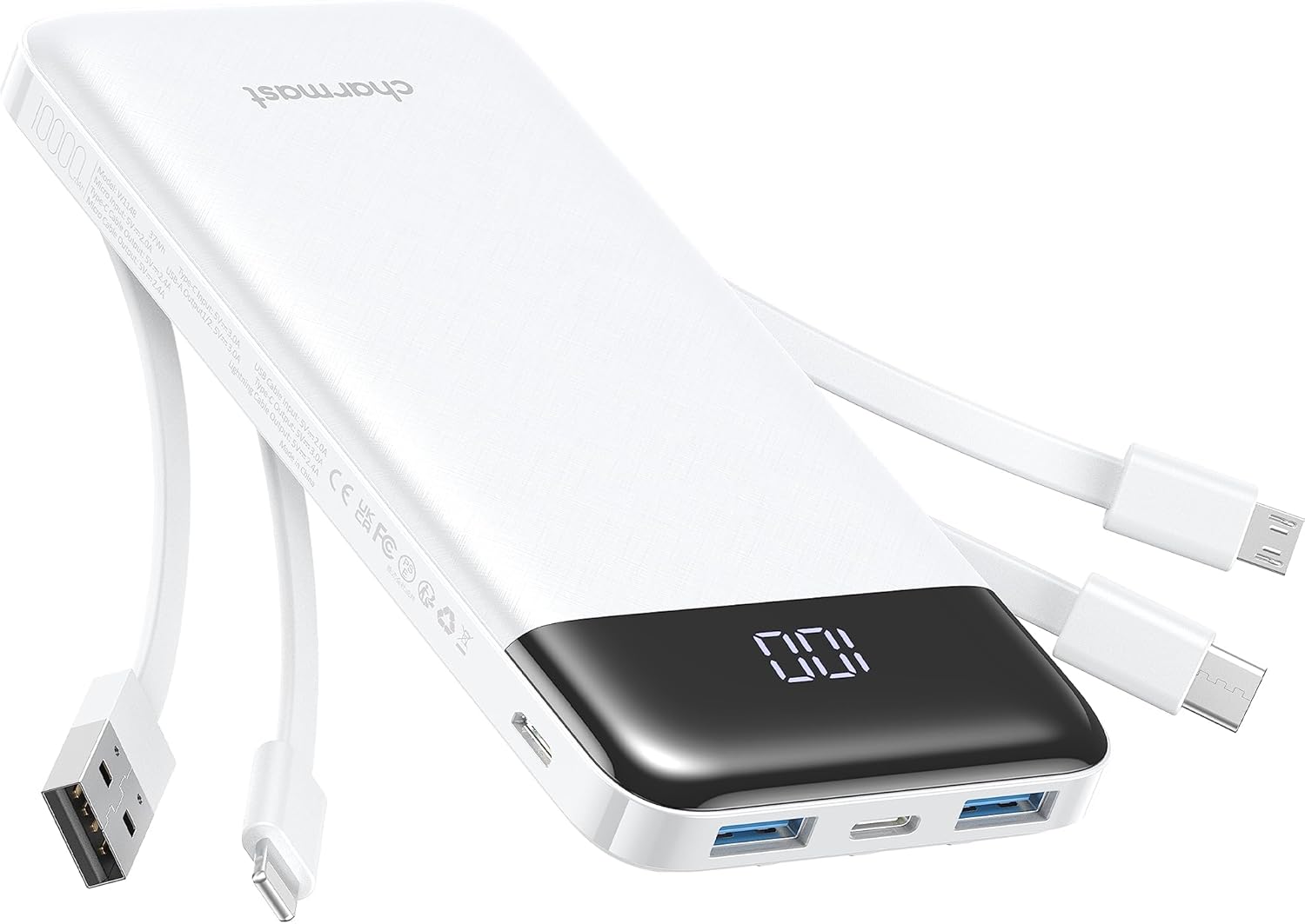 Charmast Power Bank with Built-in Cables (x4) 10000mAh, USB-C Portable Charger with 6 Outputs & 3 Inputs