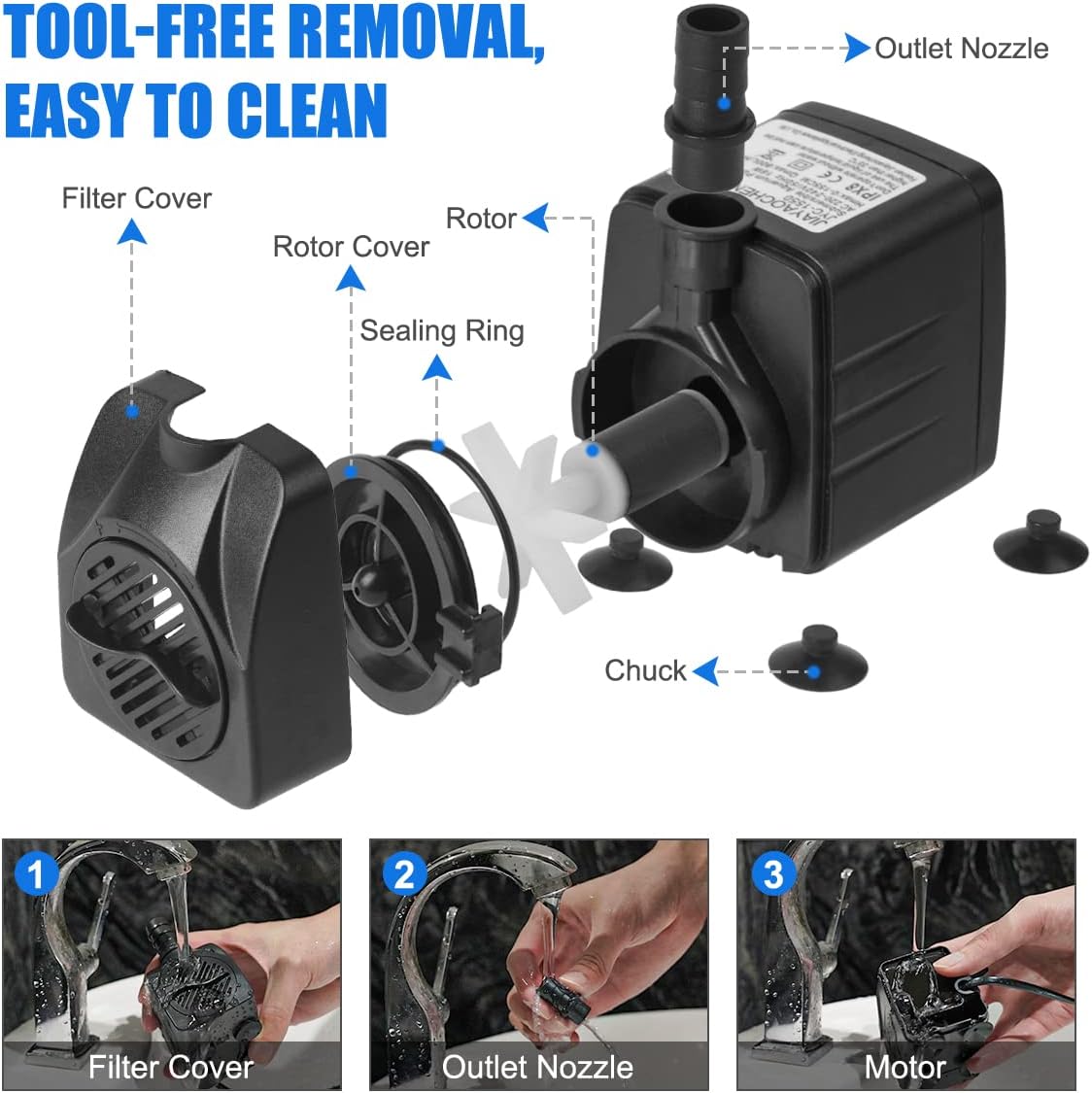 Thumbnail 5 de Flintronic Aquariumpumpe mit 16 W, 800 l/h und Trockenlaufschutz (mit 2 Düsen, 1,4 m Kabel)