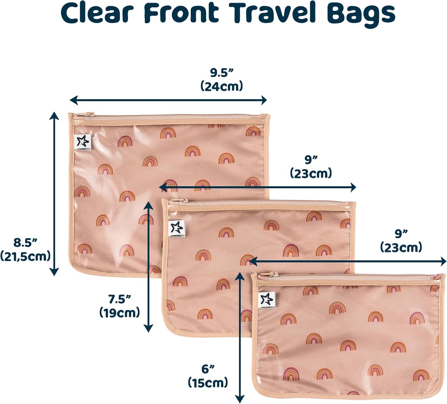 Detalle de Tiny Twinkle Mess-Proof Travel Bag – TSA-Compliant 3-Pack Clear Cosmetic & Organiser Set (Boho Rainbow)