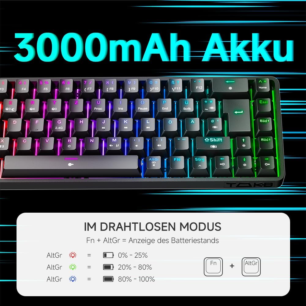 Detalle 2 de TMKB T68 Gaming-Tastatur (68 Tasten) – kabellos via Bluetooth/2.4G, mechanische Blue Clicky Switch, QWERTZ
