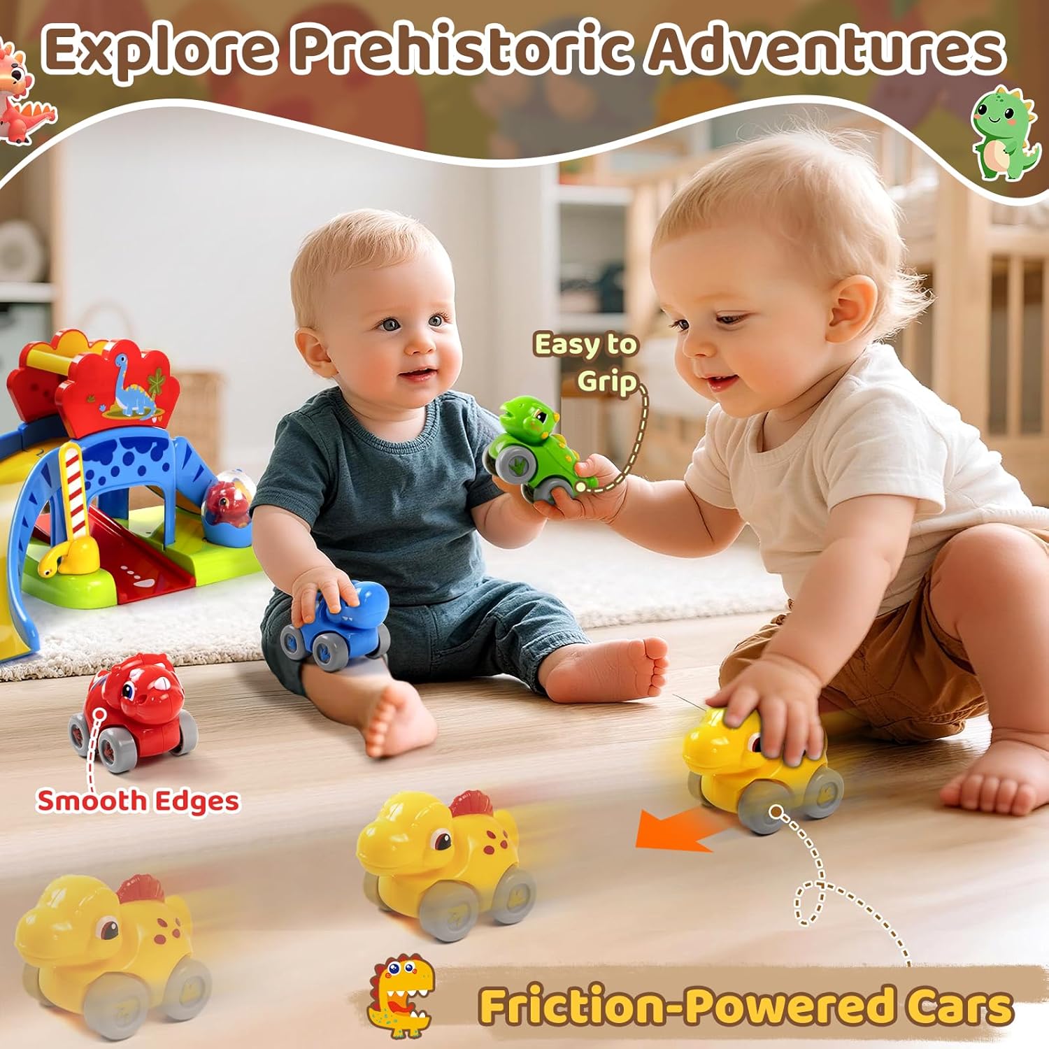 Detalle de Dinosaur Slide Car Ramp Toy for 1–2 Year Olds: Push Along Dinosaur Cars (4-Pack)