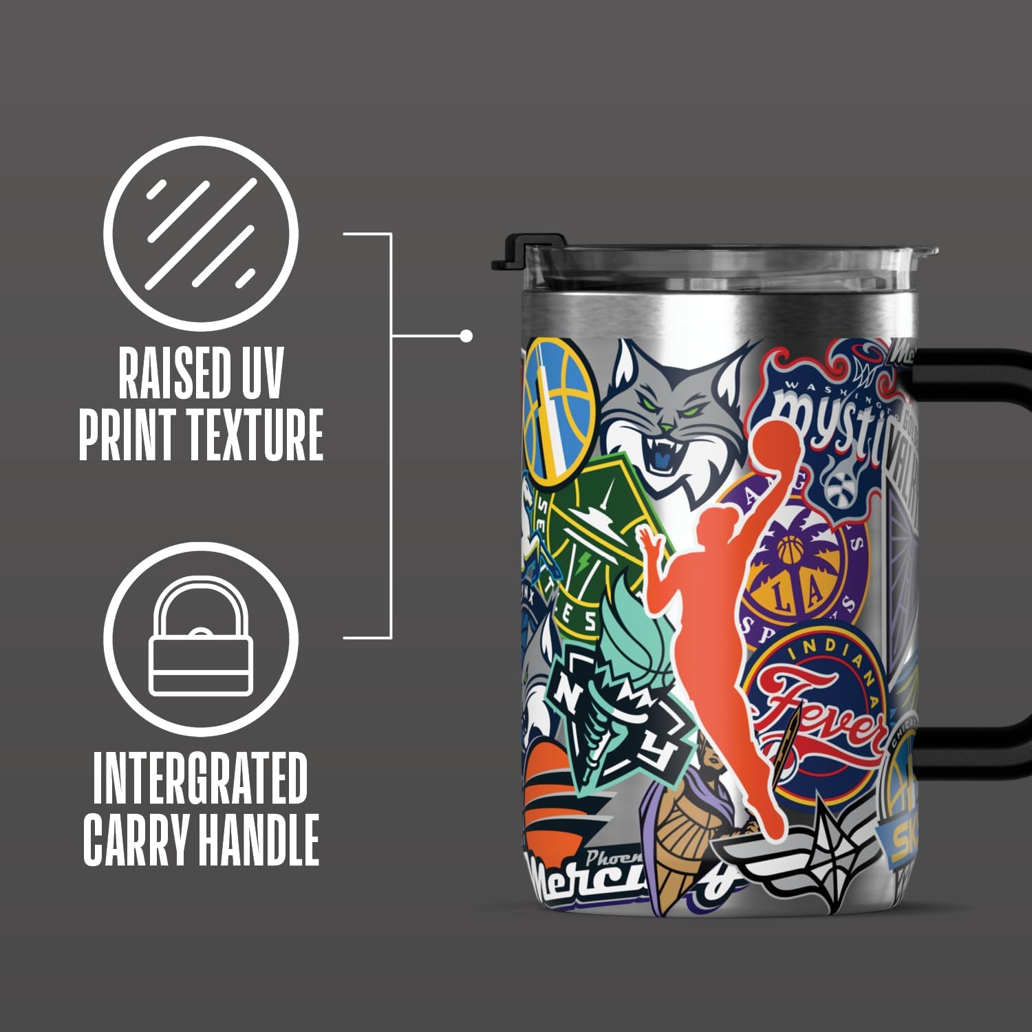 Detalle de Hydrapeak 18 oz WNBA Official Insulated Coffee Cup with Swing Lid & Travel Handle