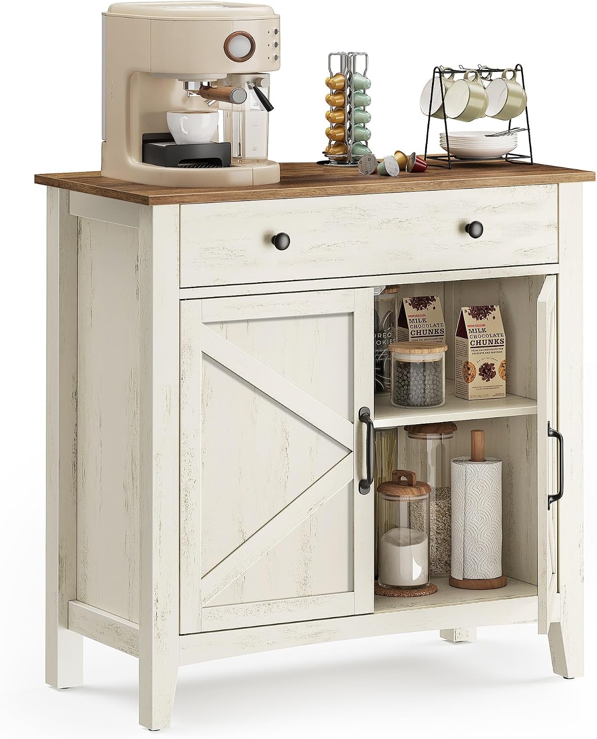 Detalle de VASAGLE UBBK341W01 Farmhouse Coffee Bar Cabinet with Adjustable Shelf