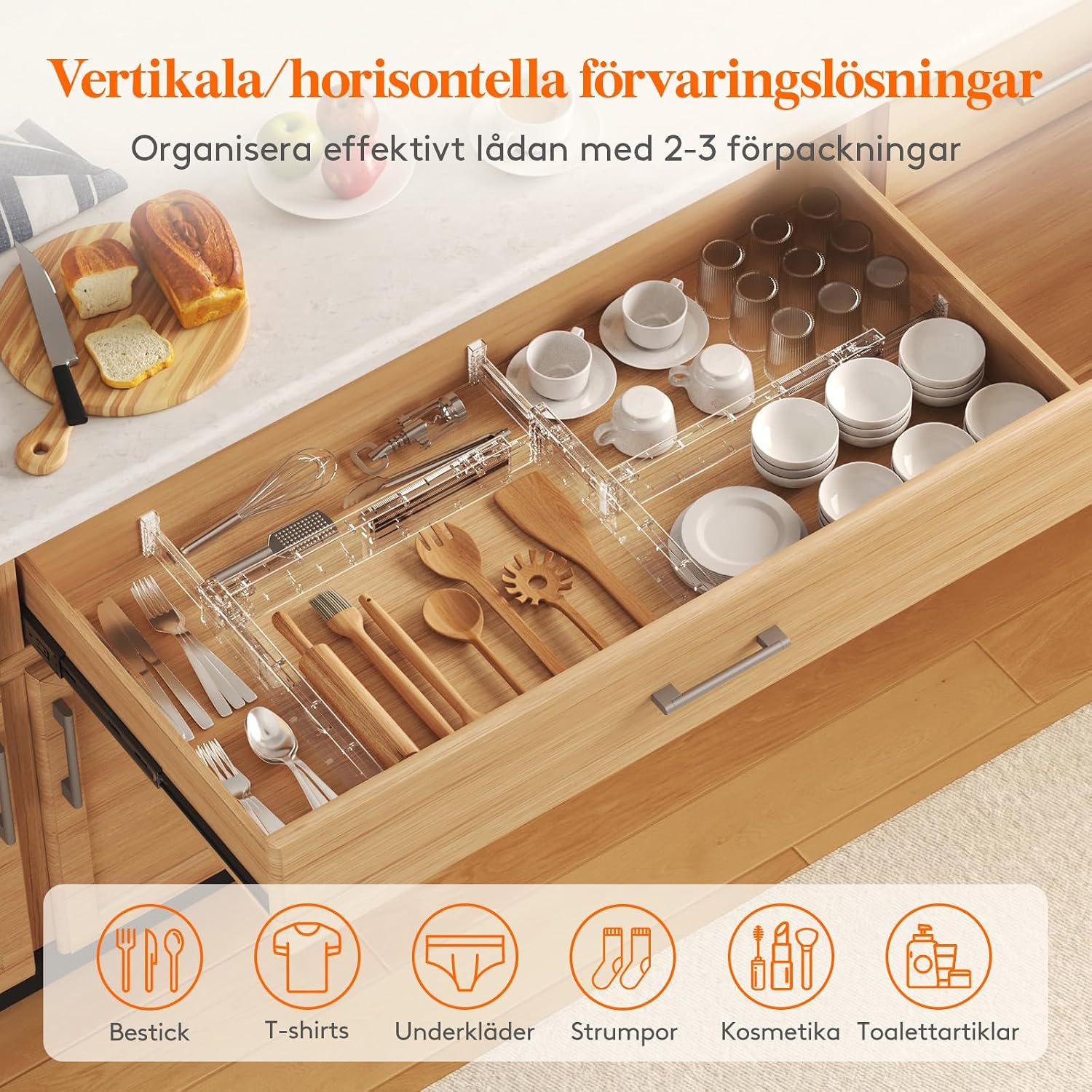 Detalle de Lifewit 4-pack lådavdelare, justerbara 40,6–56 cm, 6 cm höga