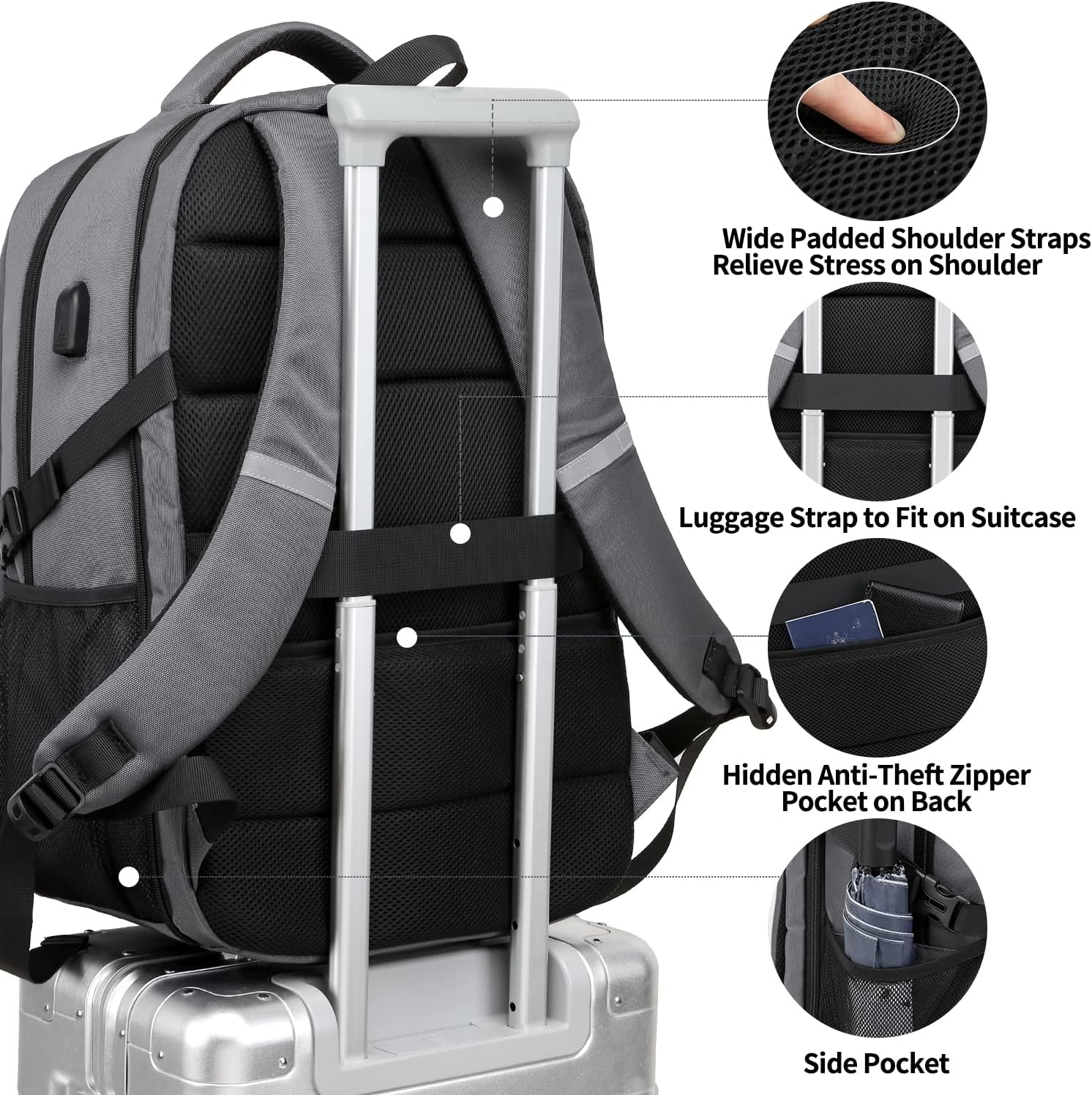Detalle de Extra Large Rucksack for Men 50L: 17.3-Inch Travel Laptop Backpack with USB Port and Anti-Theft Design