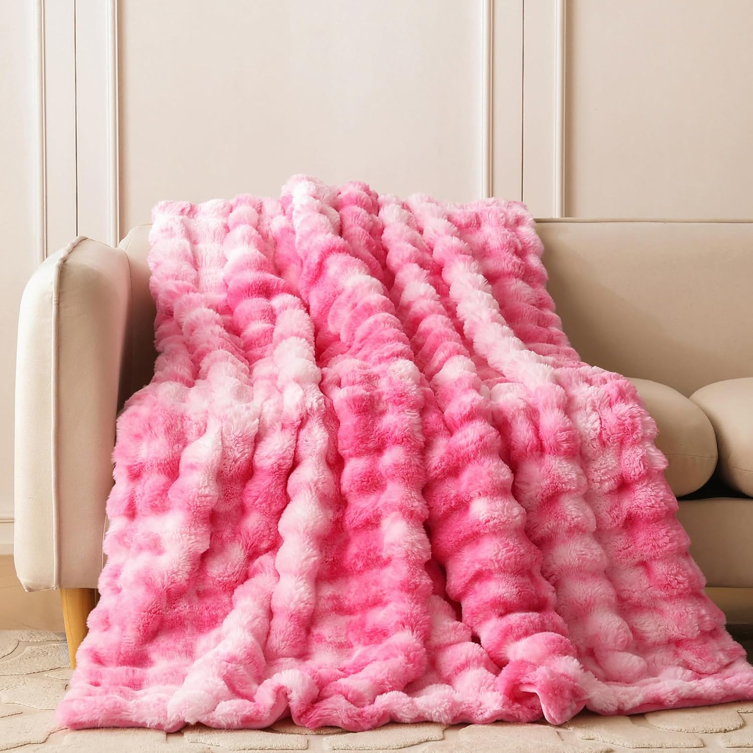 Detalle de COOVA Faux Fur Throw Blanket for Couch (50x60 Inches) in Tie Dye Pink