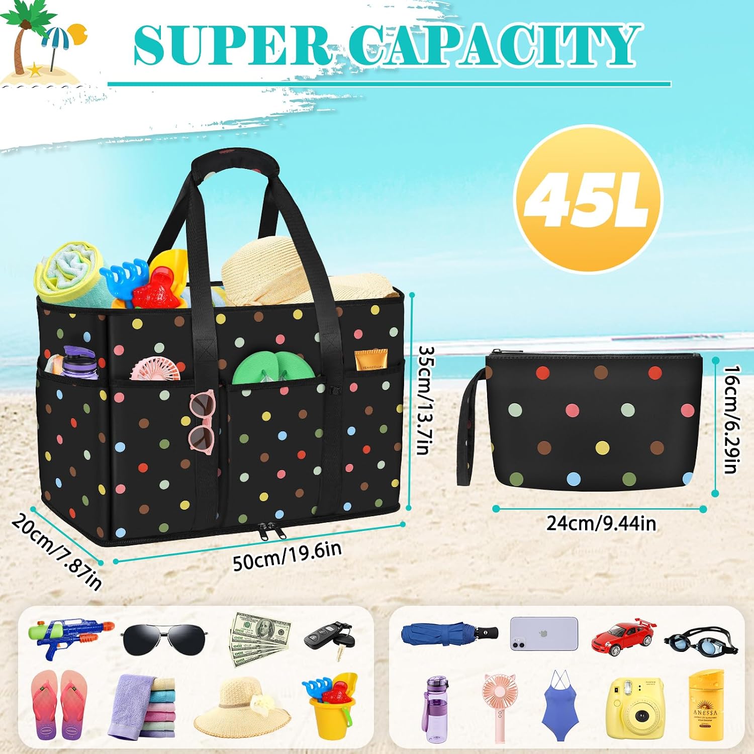 Thumbnail 3 de LUROON Strandtasche XXL 50x35x20 cm