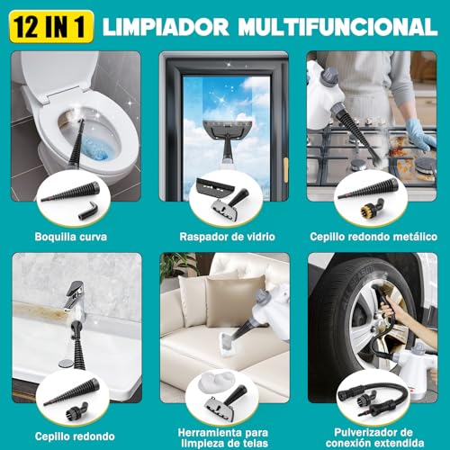 Detalle de Rolipo Limpiador a vapor portátil a presión con 12 accesorios: limpieza eficiente sin productos químicos