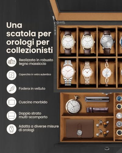 Detalle 2 de Scatola Porta Orologi Uten a 10 Scomparti, 2 Livelli in Legno di Paulownia con Coperchio in Vetro