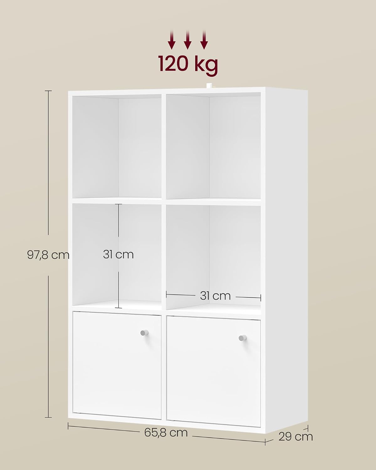 Detalle de VASAGLE Libreria LBC506WB01: Scaffale a 3 Ripiani in Bianco Nuvola con Ante, 29 x 65,8 x 97,8 cm