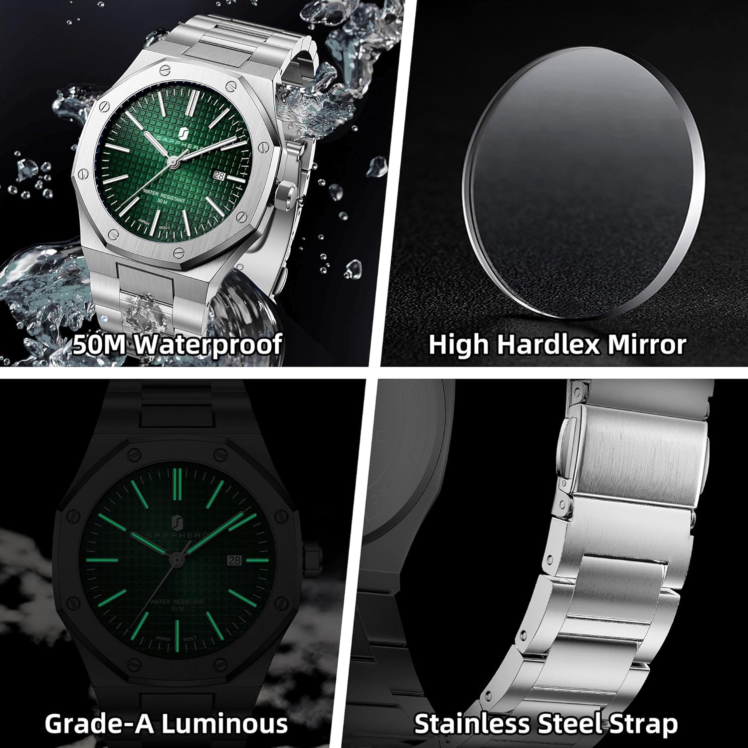 Thumbnail 3 de SAPPHERO Montre Homme Quartz Argent Acier Inoxydable – Édition Date et Bracelet réglable