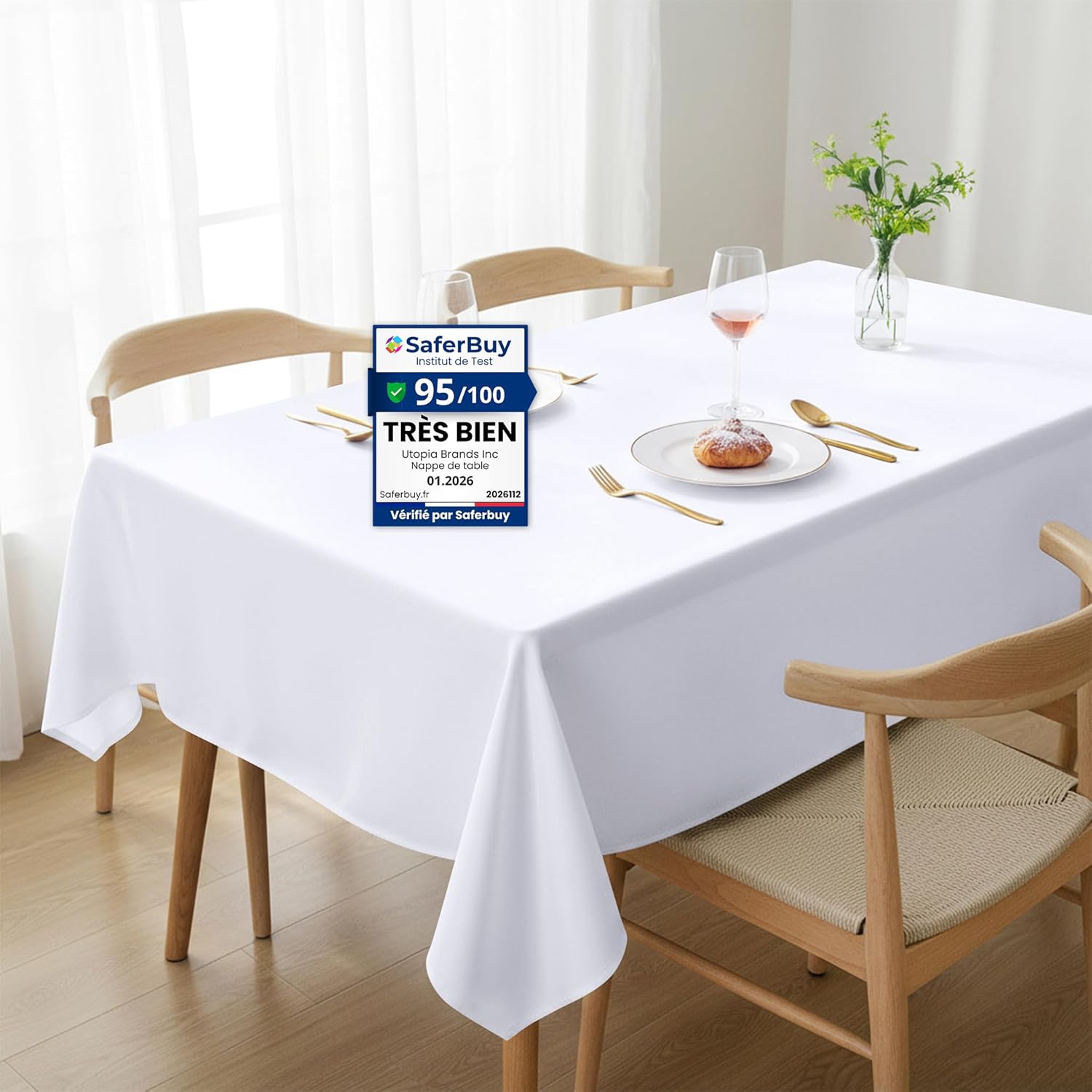 Detalle de Utopia Kitchen Nappe Rectangulaire 152 x 213 cm (Lot de 2) – Blanc, lavable en machine