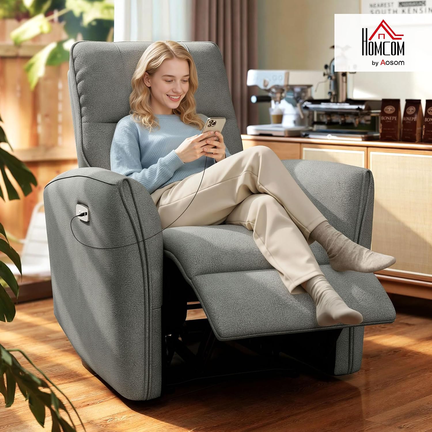 Detalle 2 de HOMCOM Electric Power Recliner Chair, Grey Polyester, USB-A and USB-C