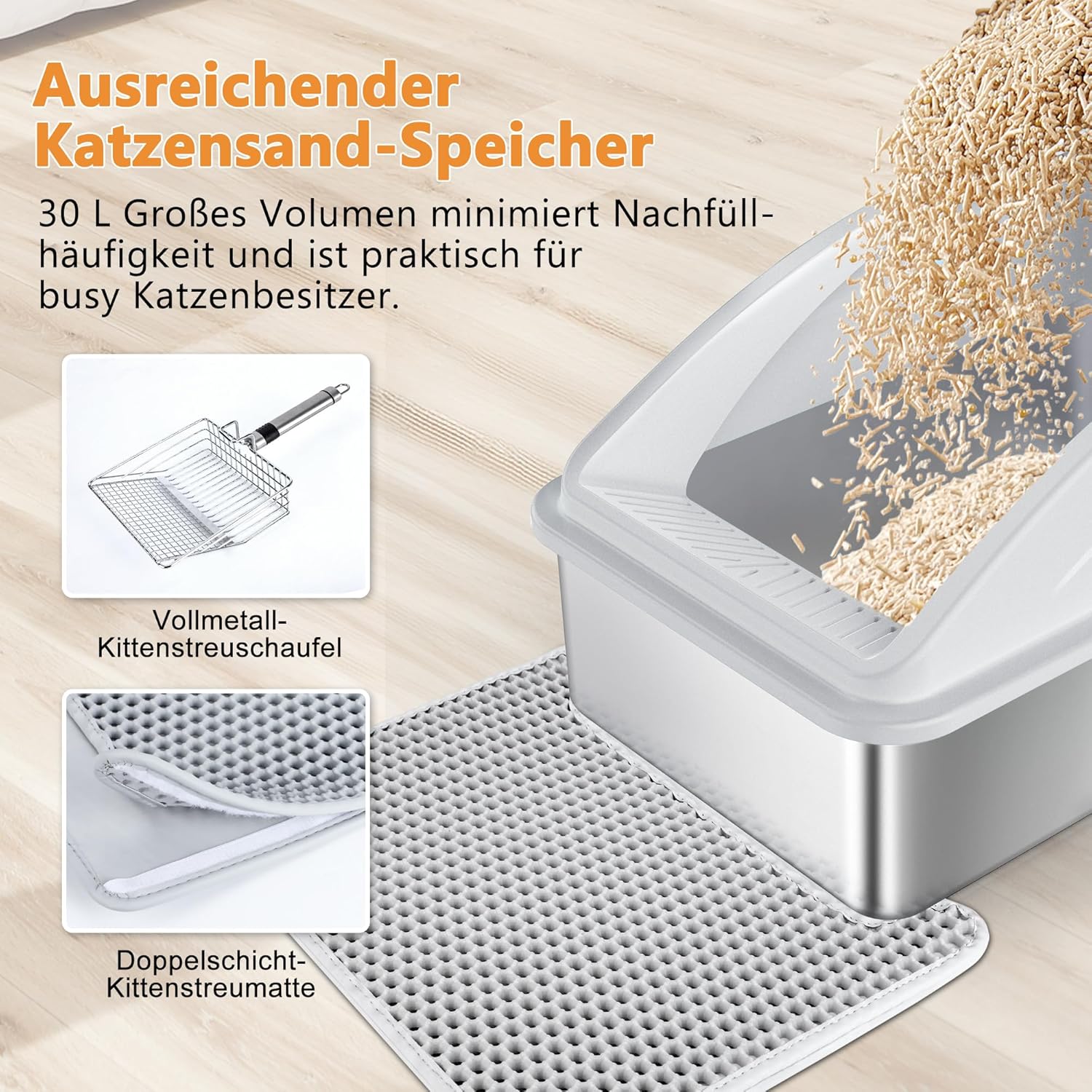Detalle de FURTIME Bac à Litière XXL en acier inoxydable avec pelle et couvercle – 30 L, 58 × 37 × 28,5 cm
