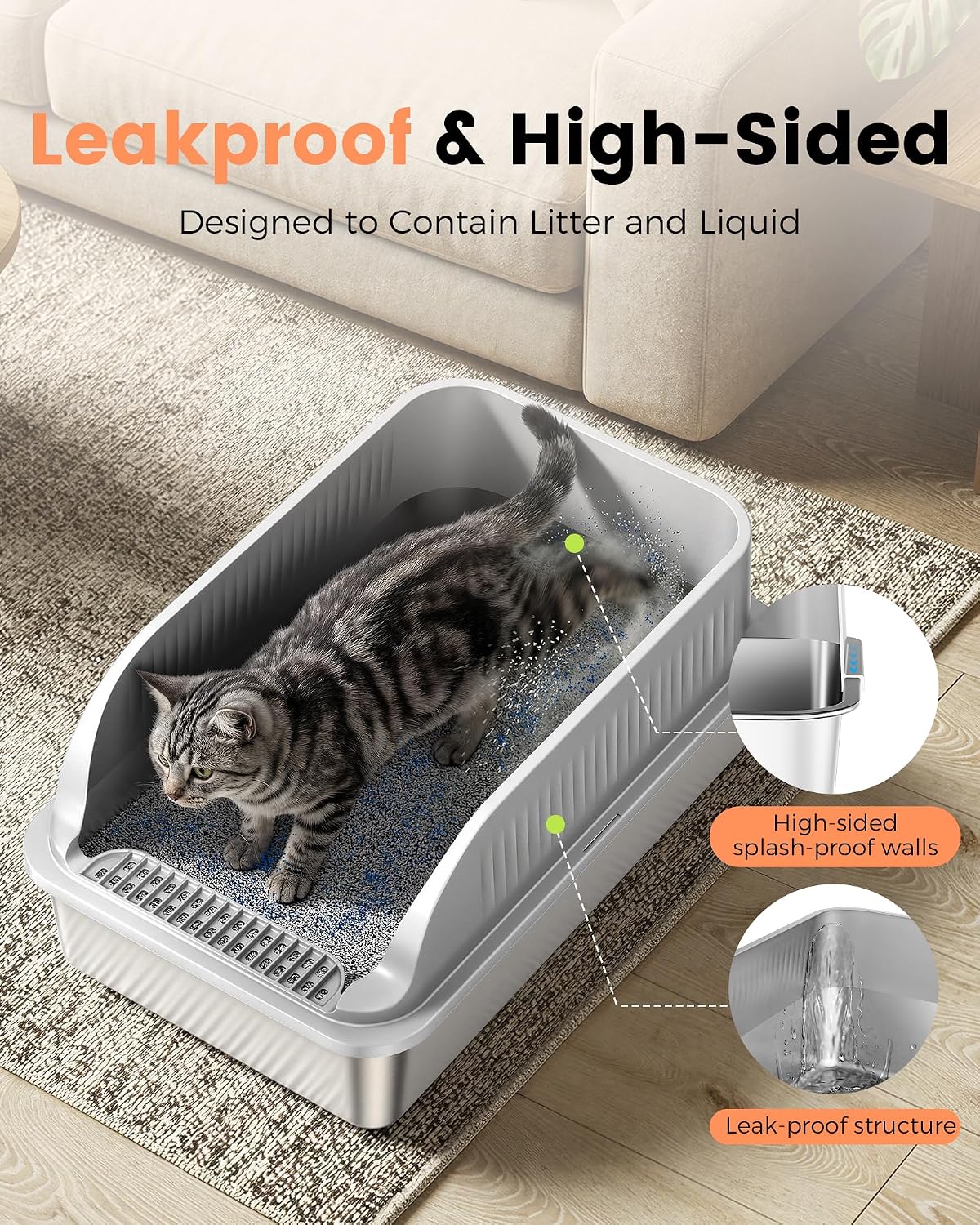Thumbnail 1 de Stainless Steel Cat Litter Tray with High Sides (XXL) – Hooded, Leak-Proof and Easy to Clean