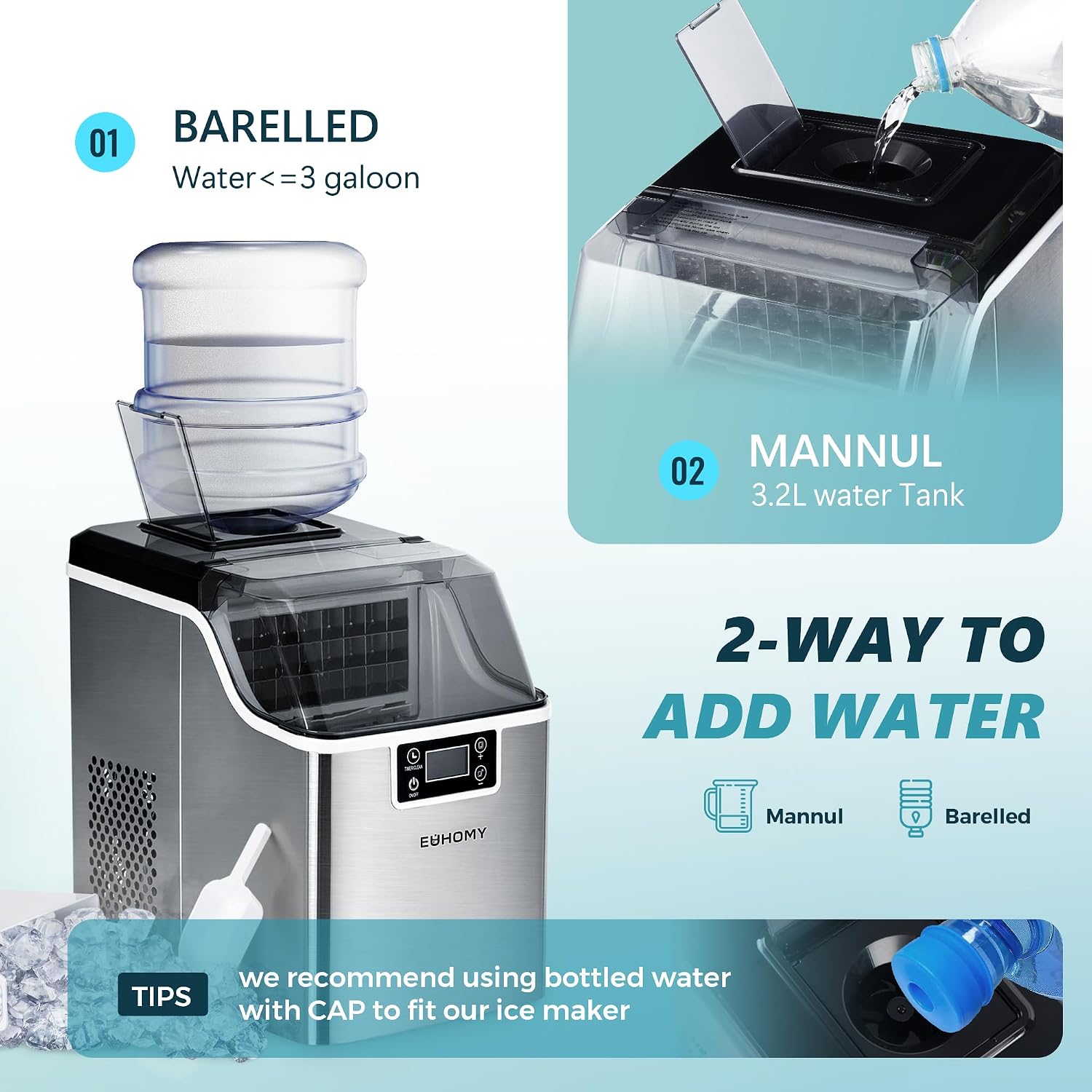 Detalle de EUHOMY Countertop Ice Maker, 45 lb/day, Adjustable Ice Thickness