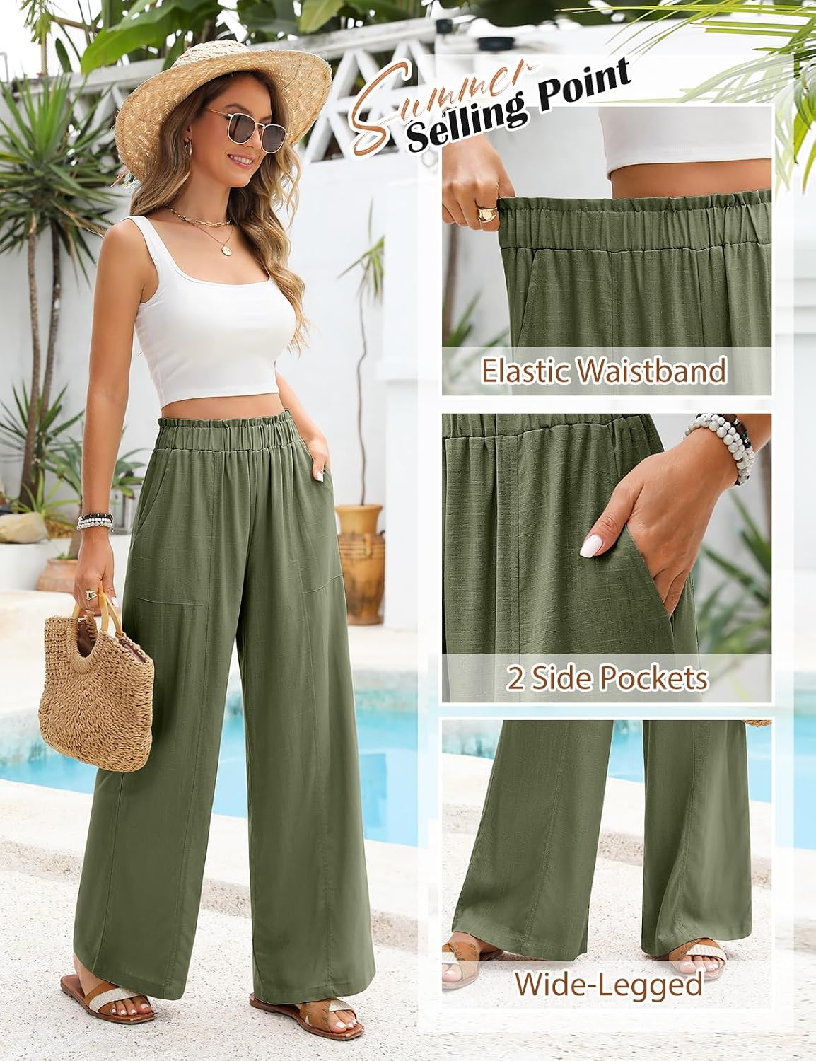 Detalle de Niwicee Pantalon fluide femme en lin et viscose, taille haute élastique, coupe droite ample avec poches (pantacourt)