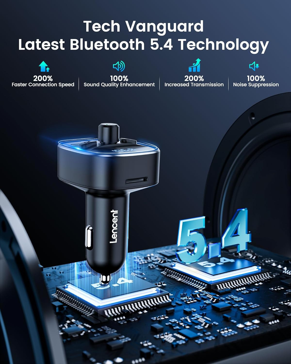 Detalle 2 de LENCENT Transmisor FM Bluetooth 5.4 coche 48W PD 30W & 18W Luz 7 colores