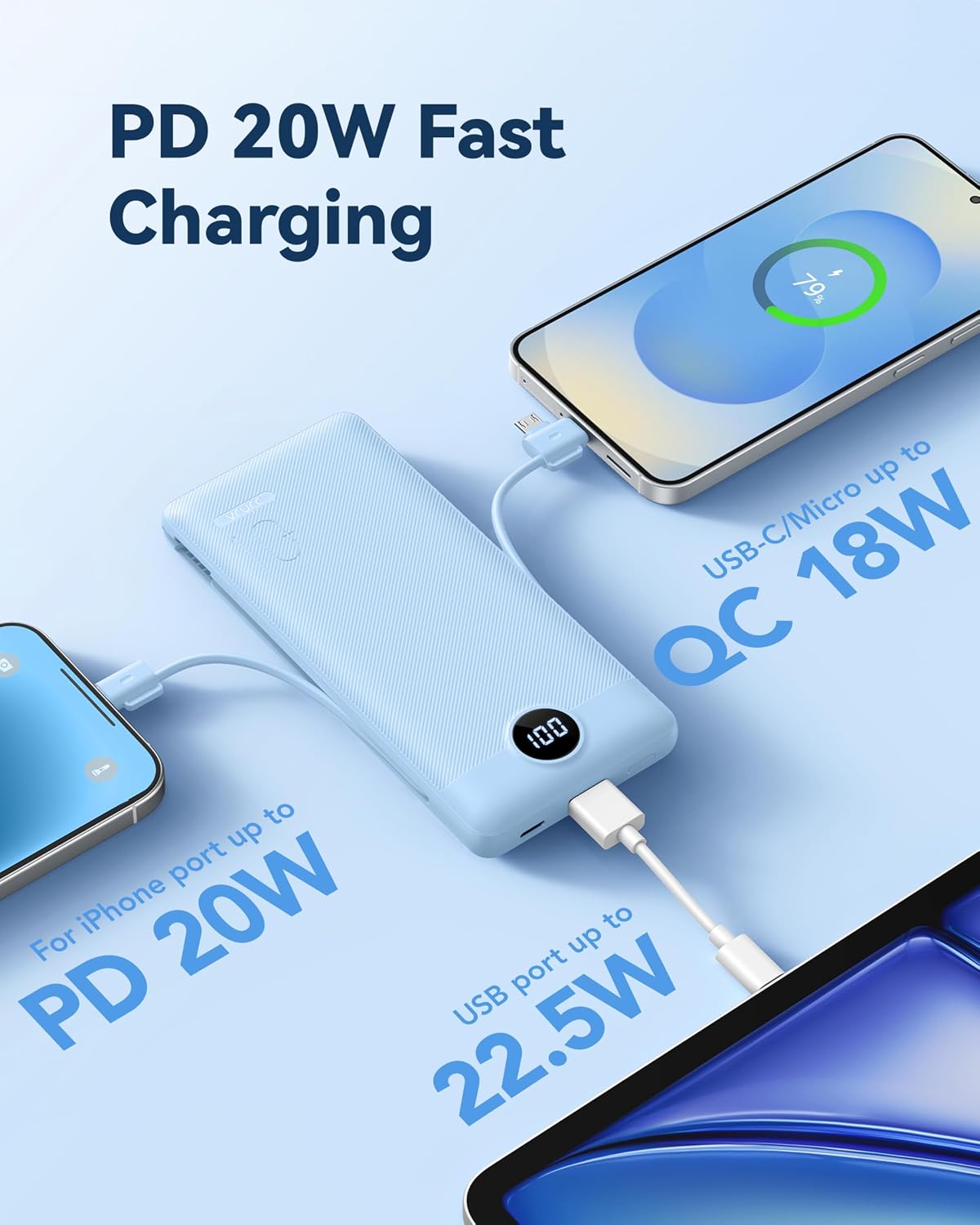 Detalle de VRURC T18 Portable Charger, 10,000mAh, 22.5W Fast Charging and Built-In Cables