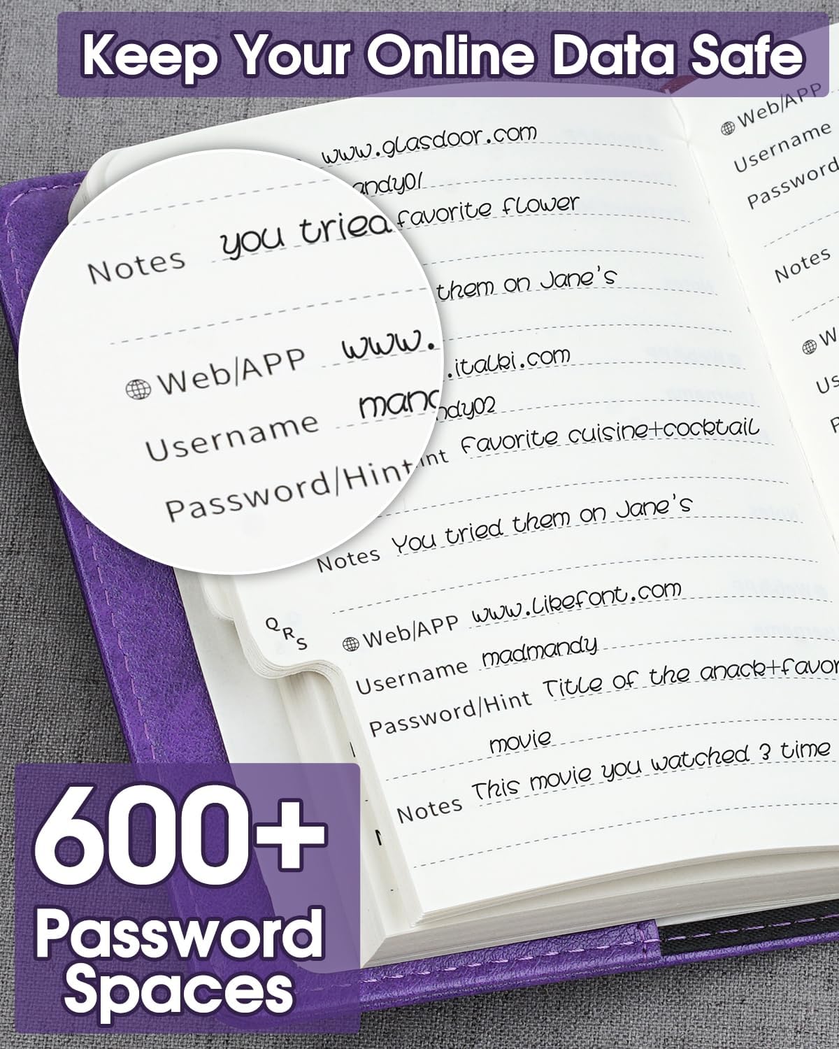 Thumbnail 4 de WEMATE Passwortbuch mit Schloss (violett) – abschließbarer Passwort-Organizer mit alphabetischen Registern