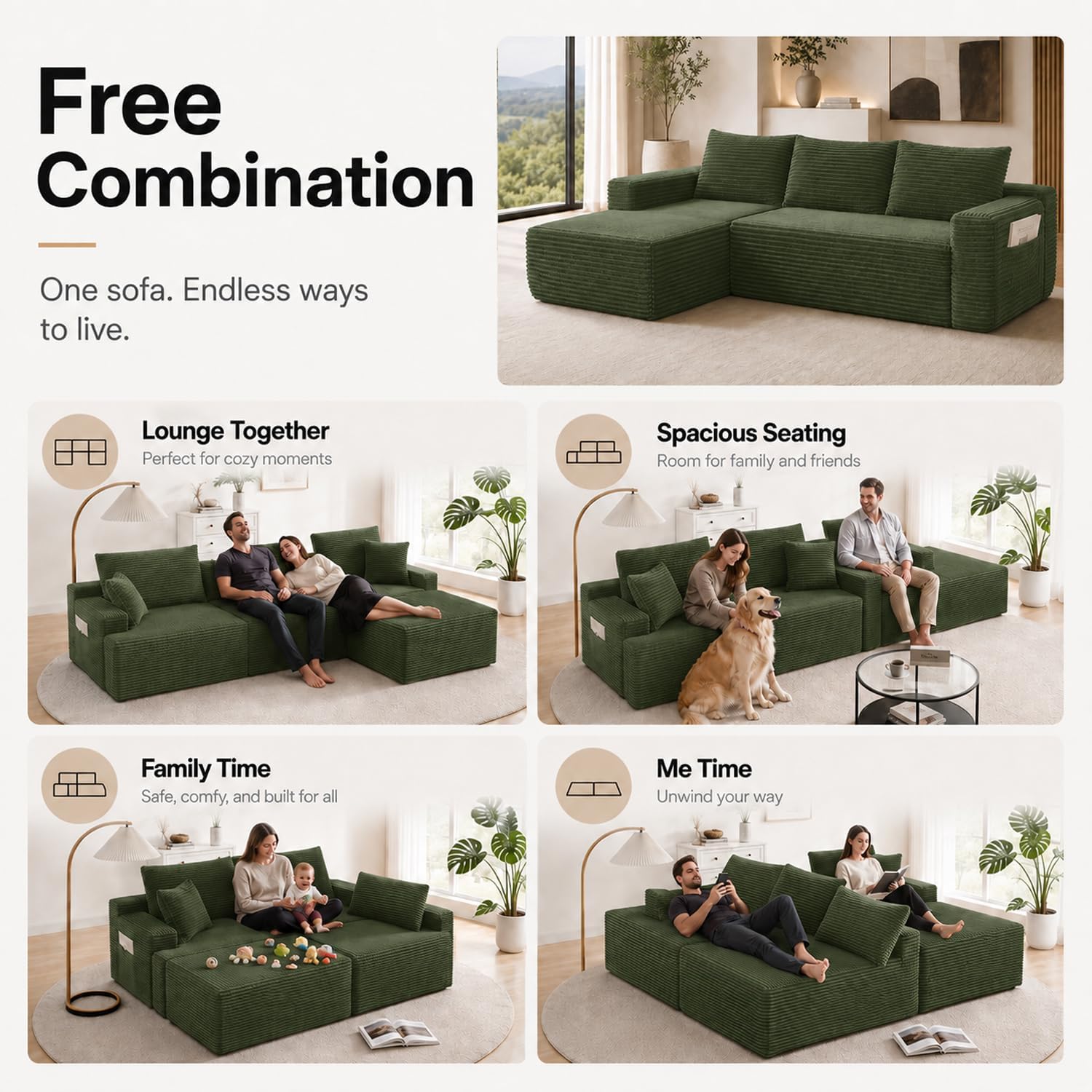 Detalle 1 de Yomsum SF658Green-R 96-Inch Modular Sectional Sofa, Green Corduroy, Right-Facing Chaise