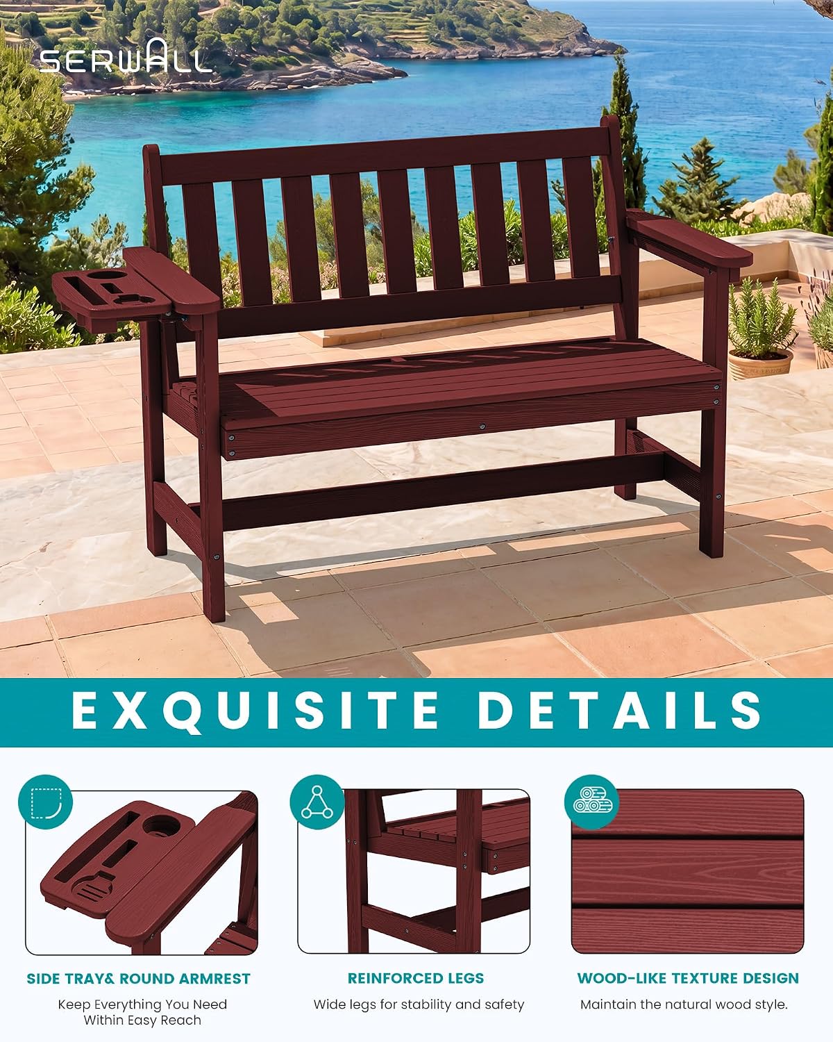 Detalle 1 de SERWALL P041-227 HDPE Outdoor Bench, Red, Foldable Cup Holder