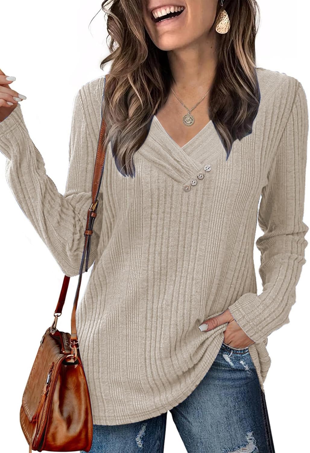 Detalle de Famulily Women’s Long Sleeve V Neck Tops – cosy autumn casual jumper