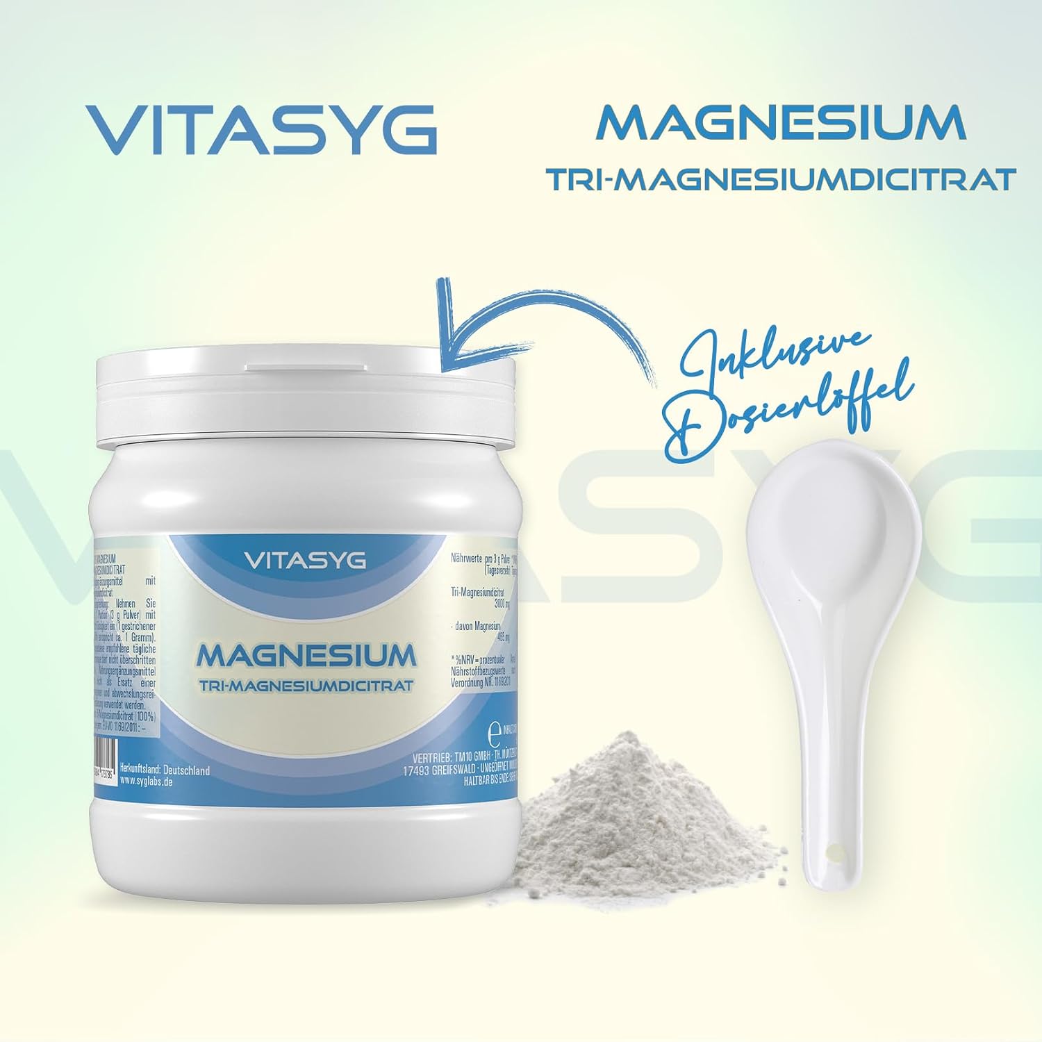 Detalle de Vitasyg Tri-Magnesiumdicitrat Pulver (500 g) – Magnesiumcitrat vegan, ohne Zusätze inkl. Messlöffel
