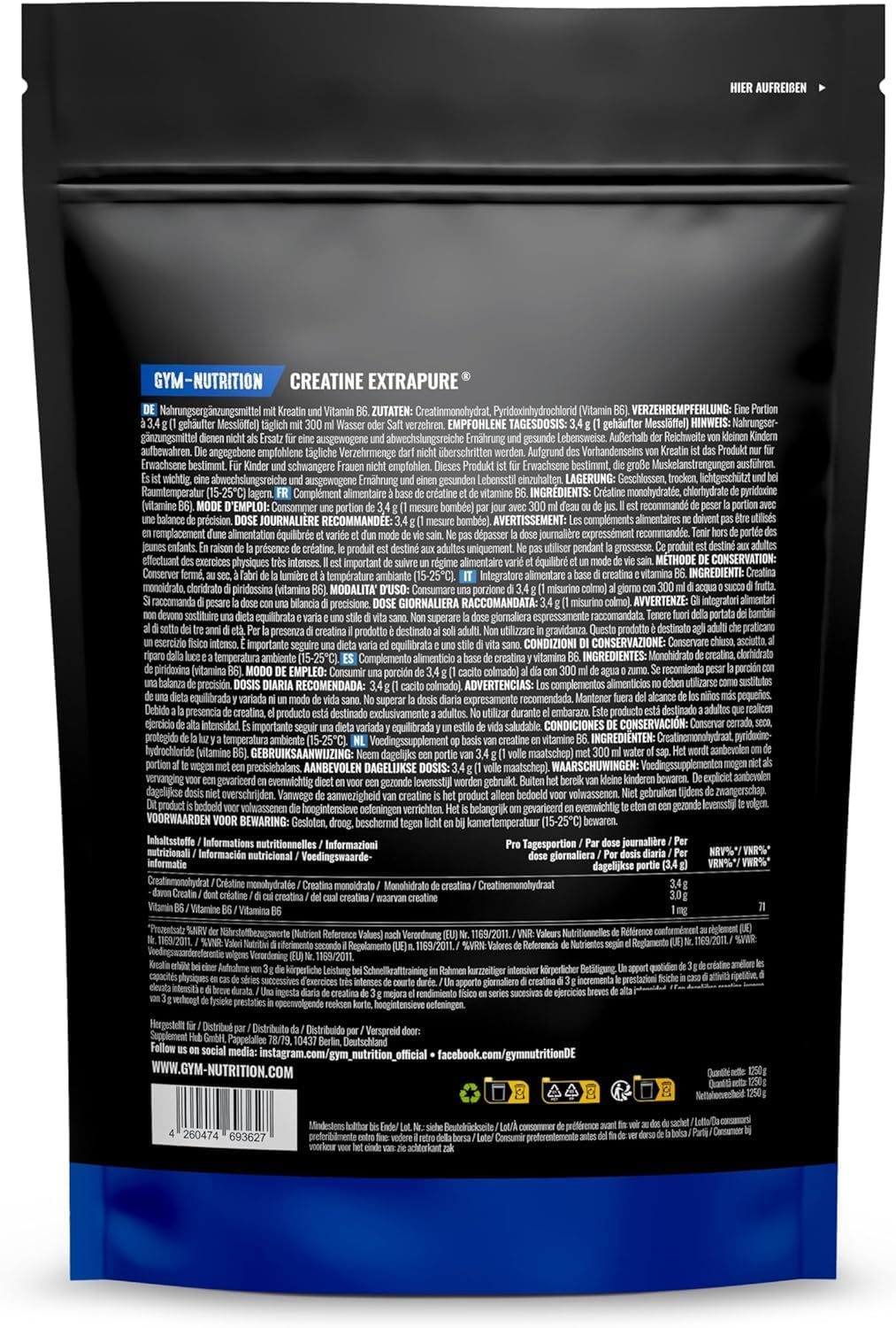 Detalle de Creatine Monohydrate 1,25 kg (Ultra Pure) avec Vitamine B6 – 367 portions – Vegan, fabriquée en Allemagne