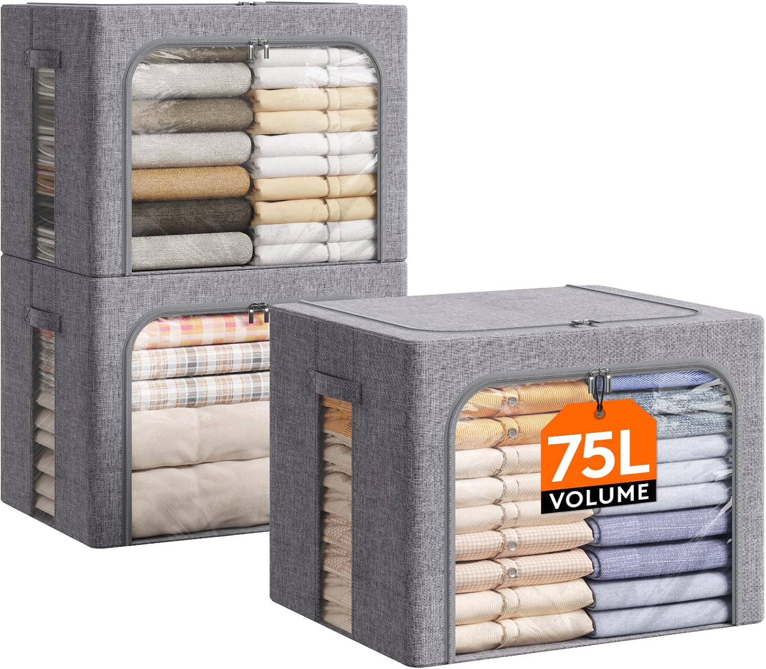 Detalle de Lifewit 23224 klädförvaringslådor med metallram, 75 liter, 3-pack