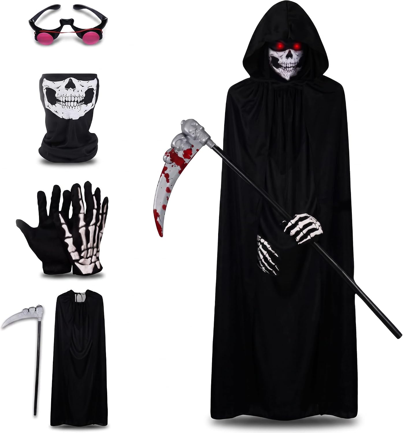 Detalle de GALER Grim Reaper Costume Kids – 5-Piece Glow Eyes Set for Halloween Cosplay