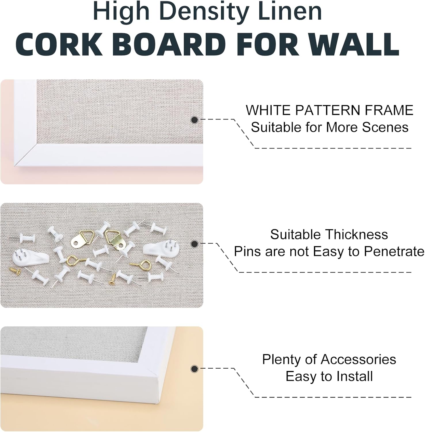 Thumbnail 3 de OWLKELA 90 x 60cm Linen Bulletin Board with White Oak Frame – Cork Notice Pin Board for Home and Office