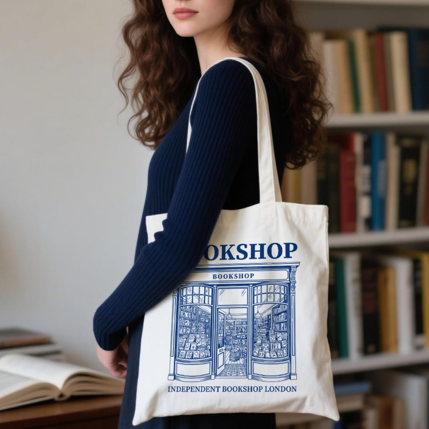 Detalle de ANATTASOUL Canvas Tote Bag London Bookshop – Durable Reusable Tote for Everyday Use