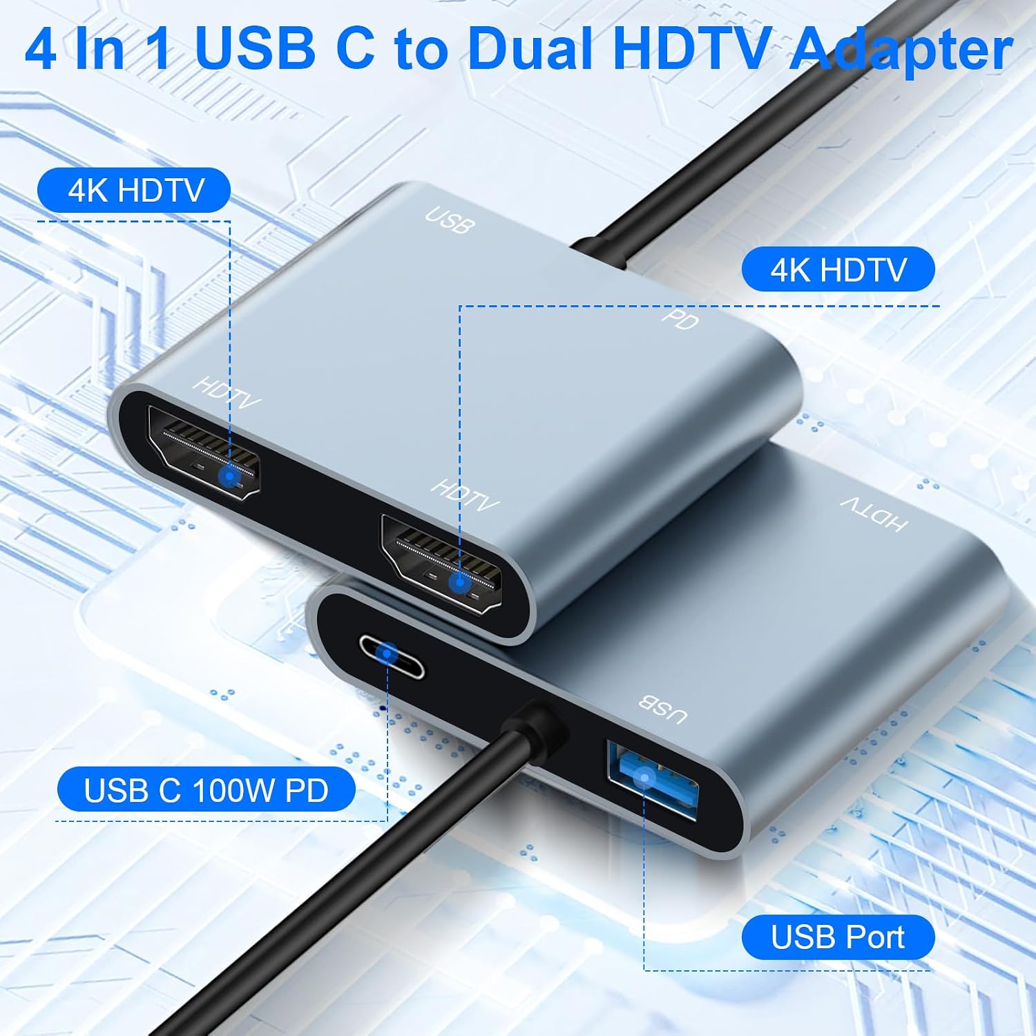 Detalle 2 de USB C to Dual HDMI Adapter 4 in 1: 4K@60Hz single HDMI, 4K@30Hz dual, 100W PD, USB C Hub for MacBook Pro/Air, iPad and more