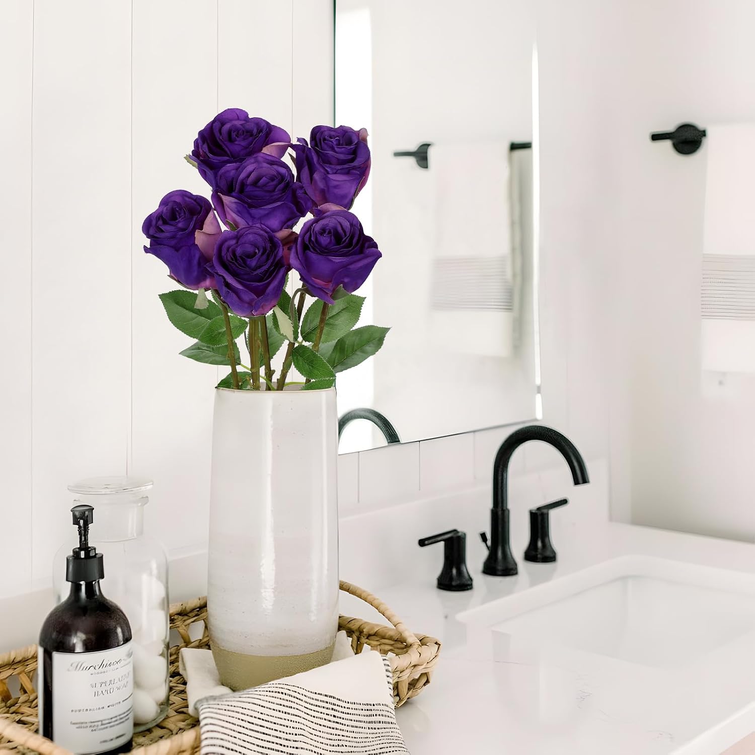 Detalle 2 de Oairse Purple Artificial Roses 6PCS, 18.9" Silk Rose Flowers with Long Stems