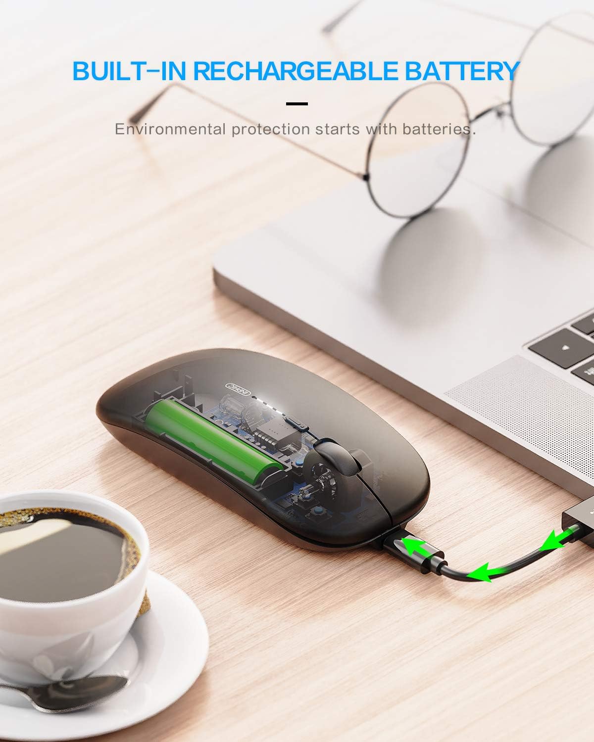 Thumbnail 3 de INPHIC kabellose Maus Ultra Slim, wiederaufladbar, 2,4 GHz, 2400 DPI, leise Klicks – USB-Empfänger für Laptop/PC/Mac