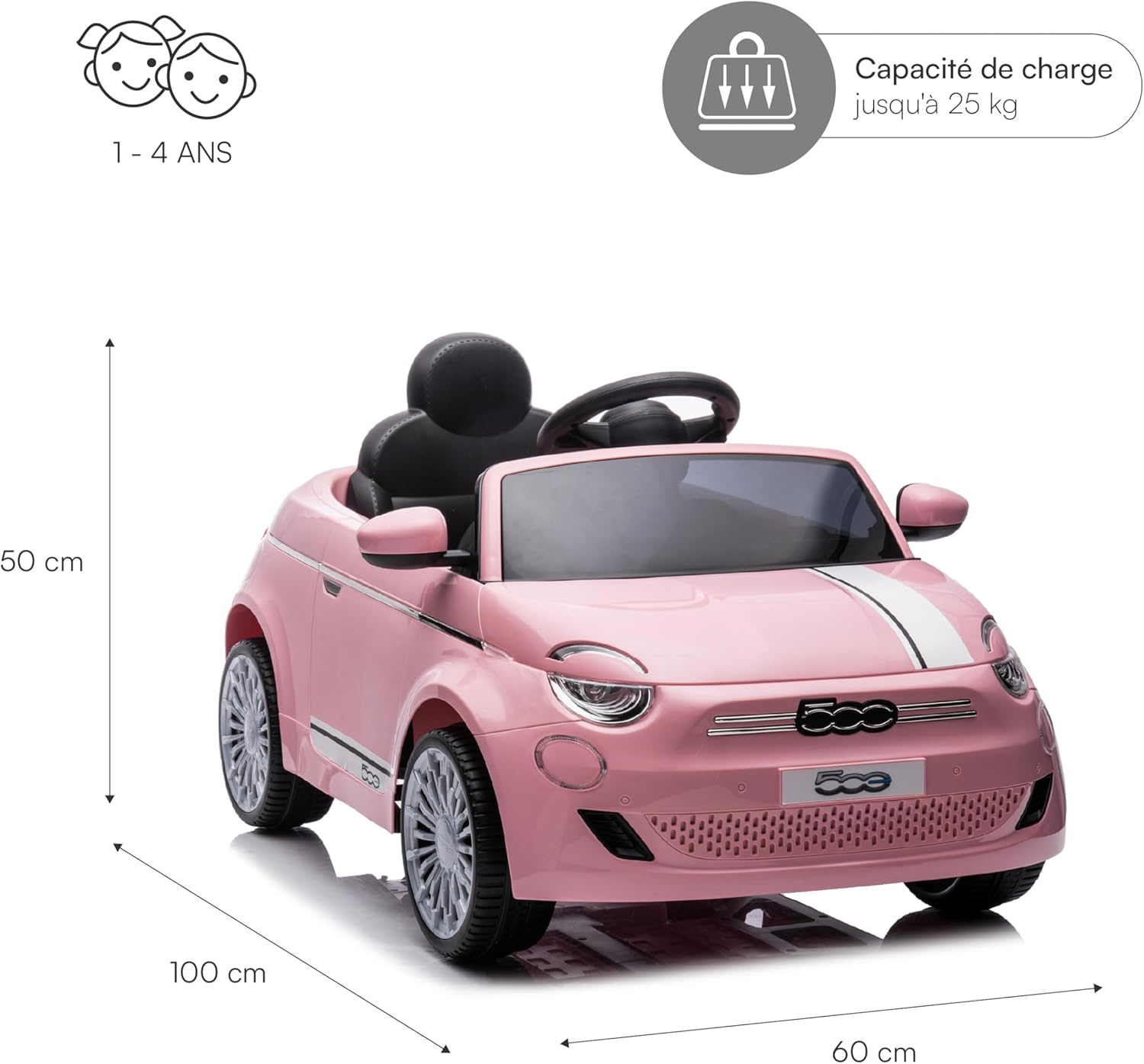 Detalle de Baroni Toys Fiat 500 Voiture électrique enfant 12V avec télécommande – version rose, 1–4 ans