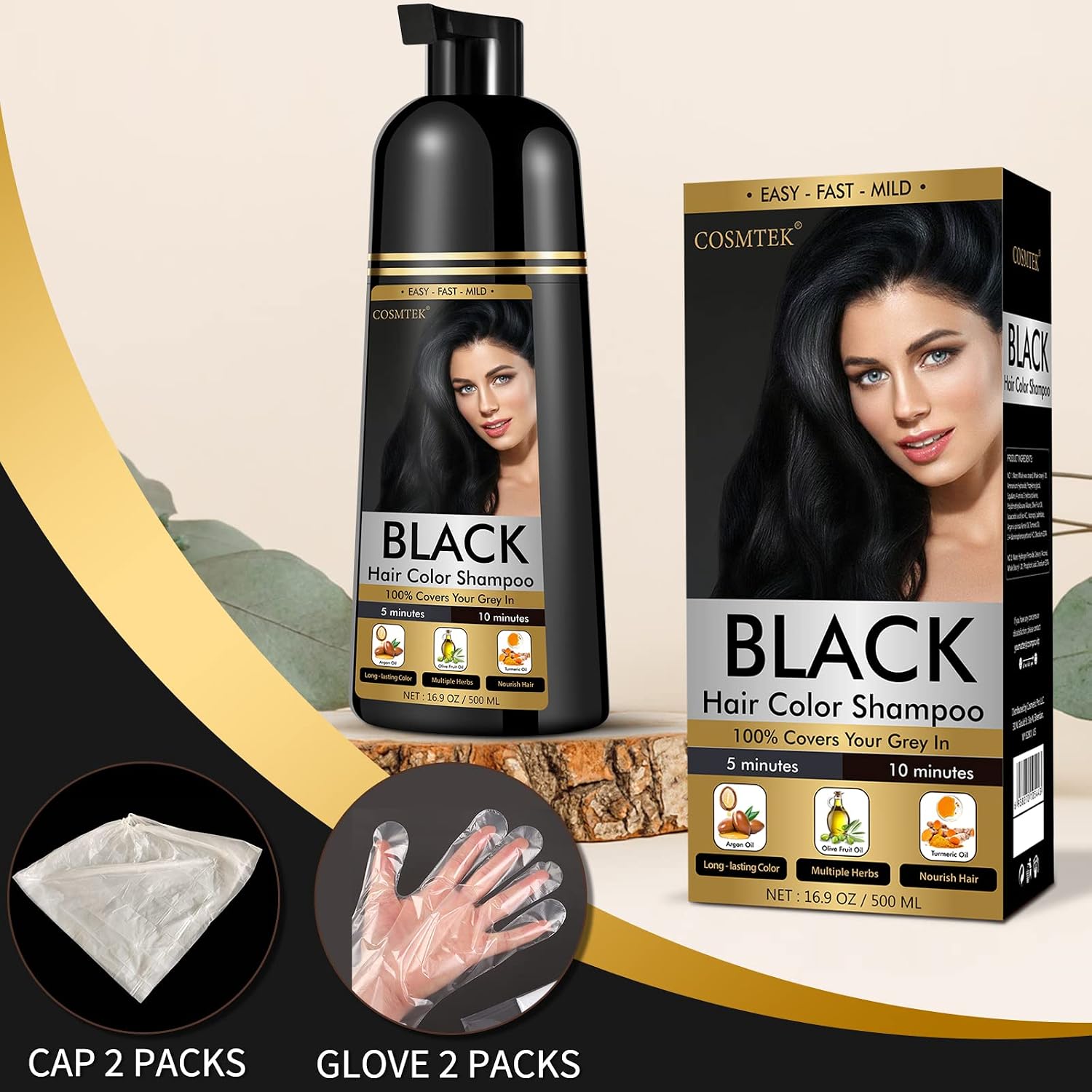 Detalle de COSMTEK Black Dye Shampoo (Ammonia-Free) for Permanent Hair Color & Gray Coverage, Men & Women, 3-in-1, 500ml