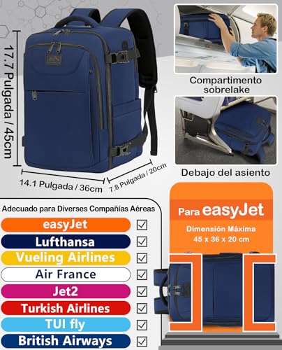 Thumbnail 1 de LYNXCHER Mochila de Viaje Cabina 45x36x20 cm para EasyJet, 30L, portátil 15.6 pulgadas, azul oscuro