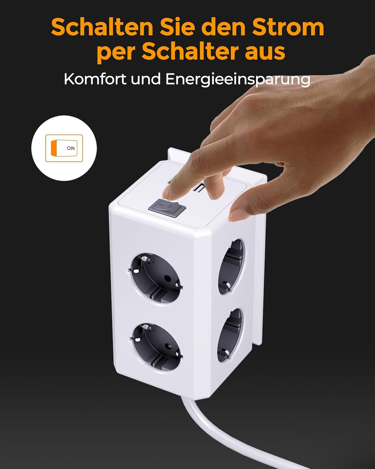Detalle de Mehrfachsteckdose mit USB – 6-fach, Wandmontage, 3680 W, 1,8 m Kabel, Überspannungsschutz