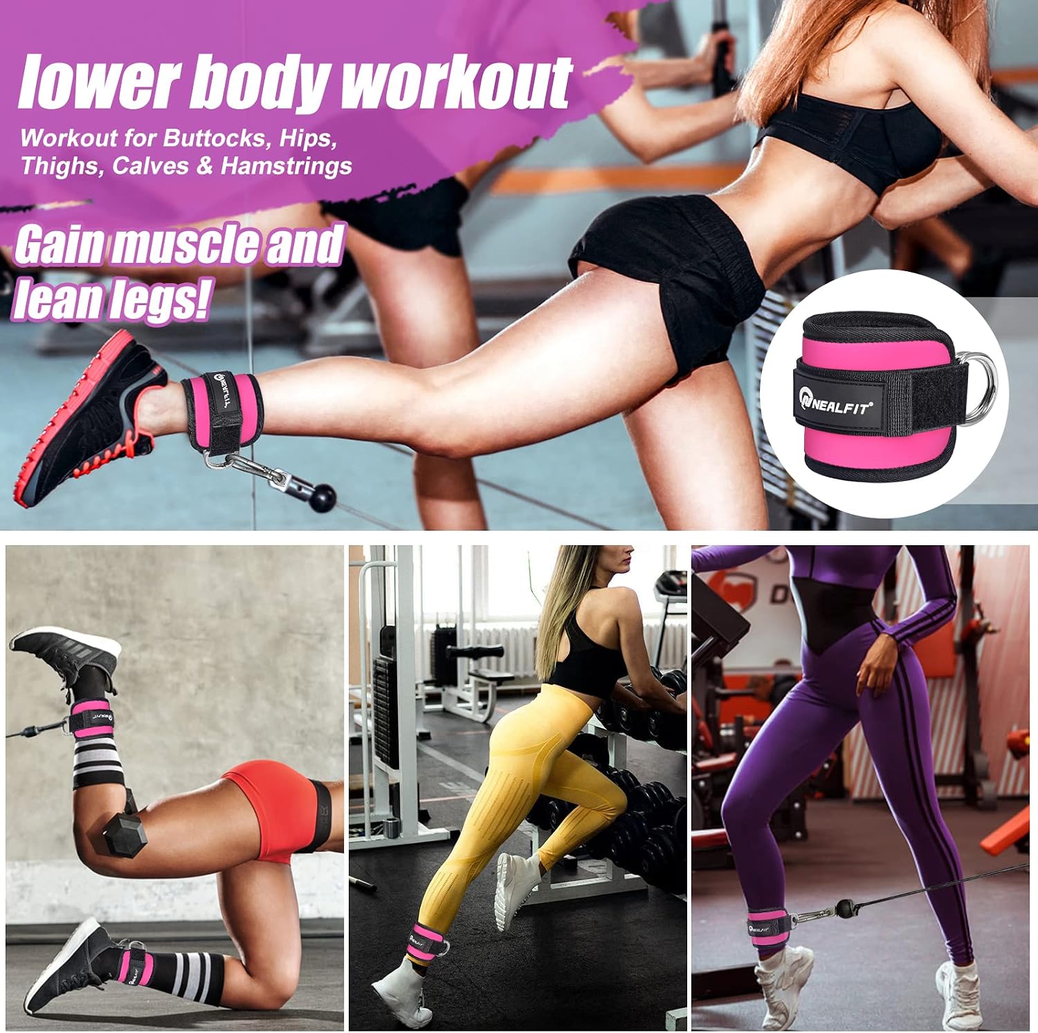 Thumbnail 5 de NEALFIT Ankle Straps for Cable Machines, Pink 7 mm Neoprene Pair