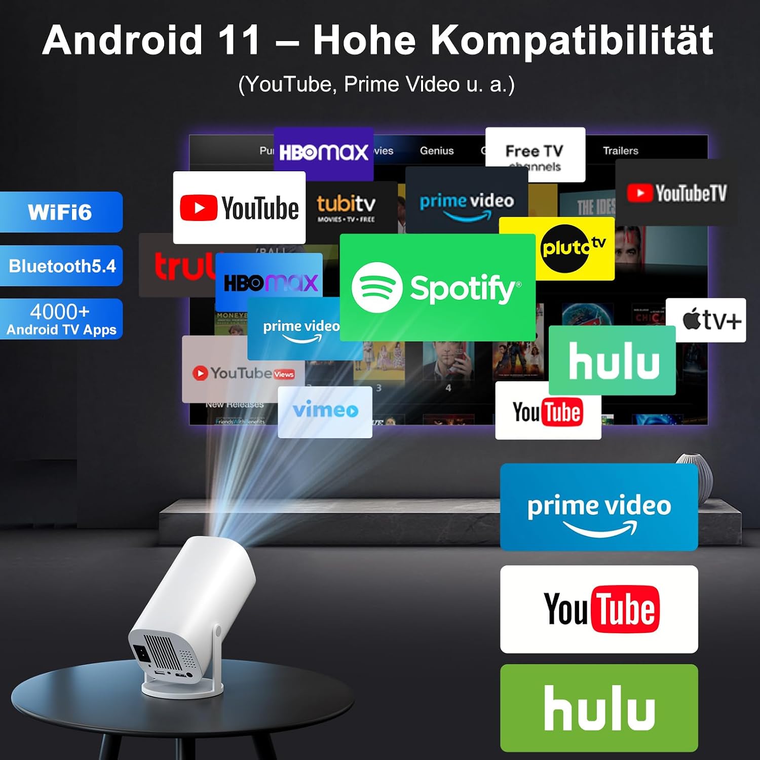Detalle de Mini Beamer – Smart Projektor Full HD 1080P mit WiFi 6, Bluetooth 5.2 und Android-TV