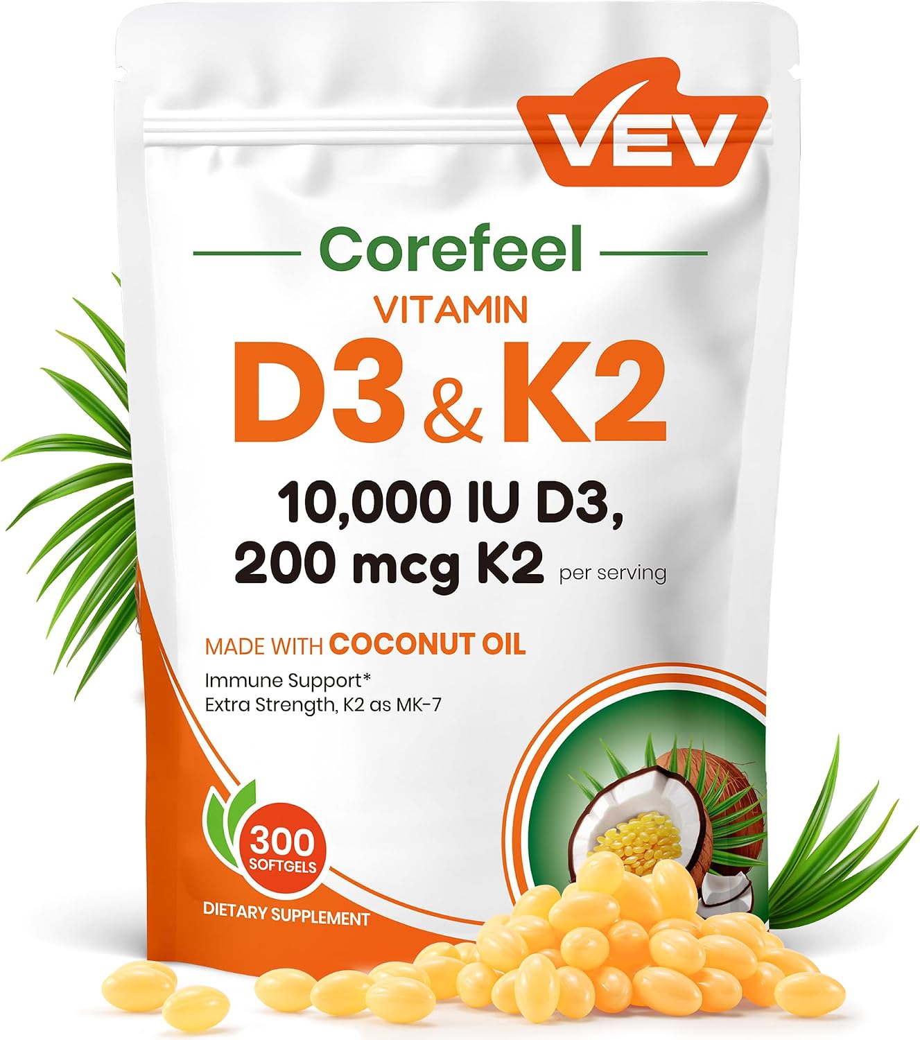 Detalle de VEV UG-D3K2-001 Vitamin D3 + K2 Softgels, 10,000 IU D3, MK-7