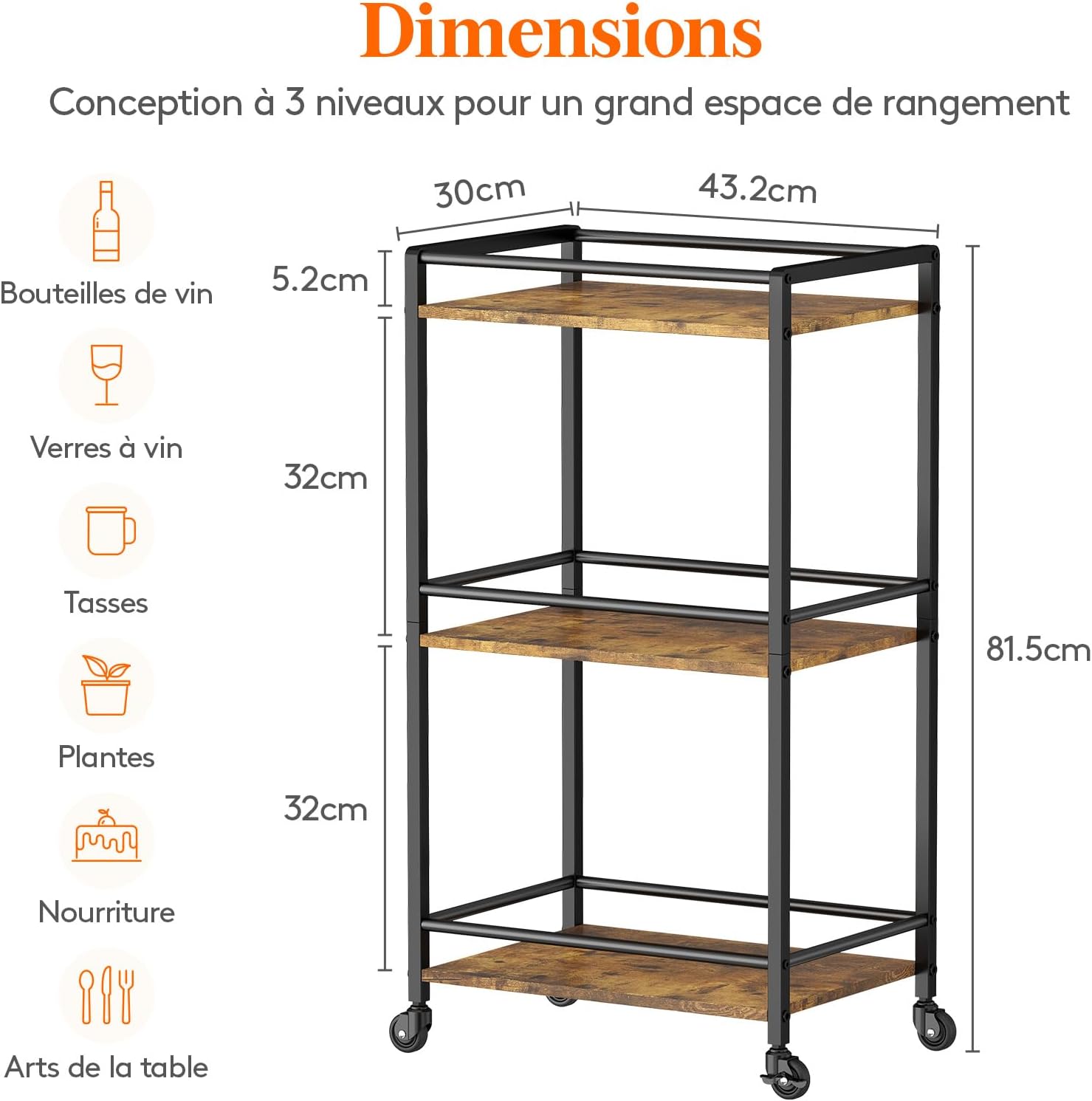 Detalle 2 de Lifewit Chariot de service à 3 niveaux avec roulettes verrouillables (43,2 x 30 x 81,5 cm) – Noir