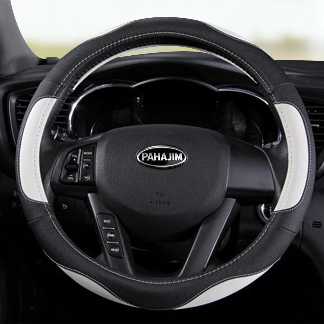 Thumbnail 1 de Pahajim 15 Inch Car Steering Wheel Cover - Soft Microfiber Leather, Breathable and Anti-Slip (Black/White)