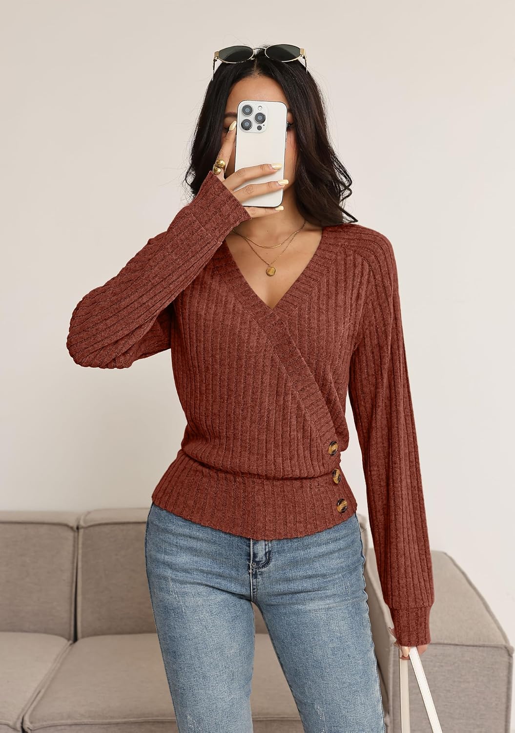 Detalle de OFEEFAN Women's Long-Sleeve Wrap Top, Ribbed Knit