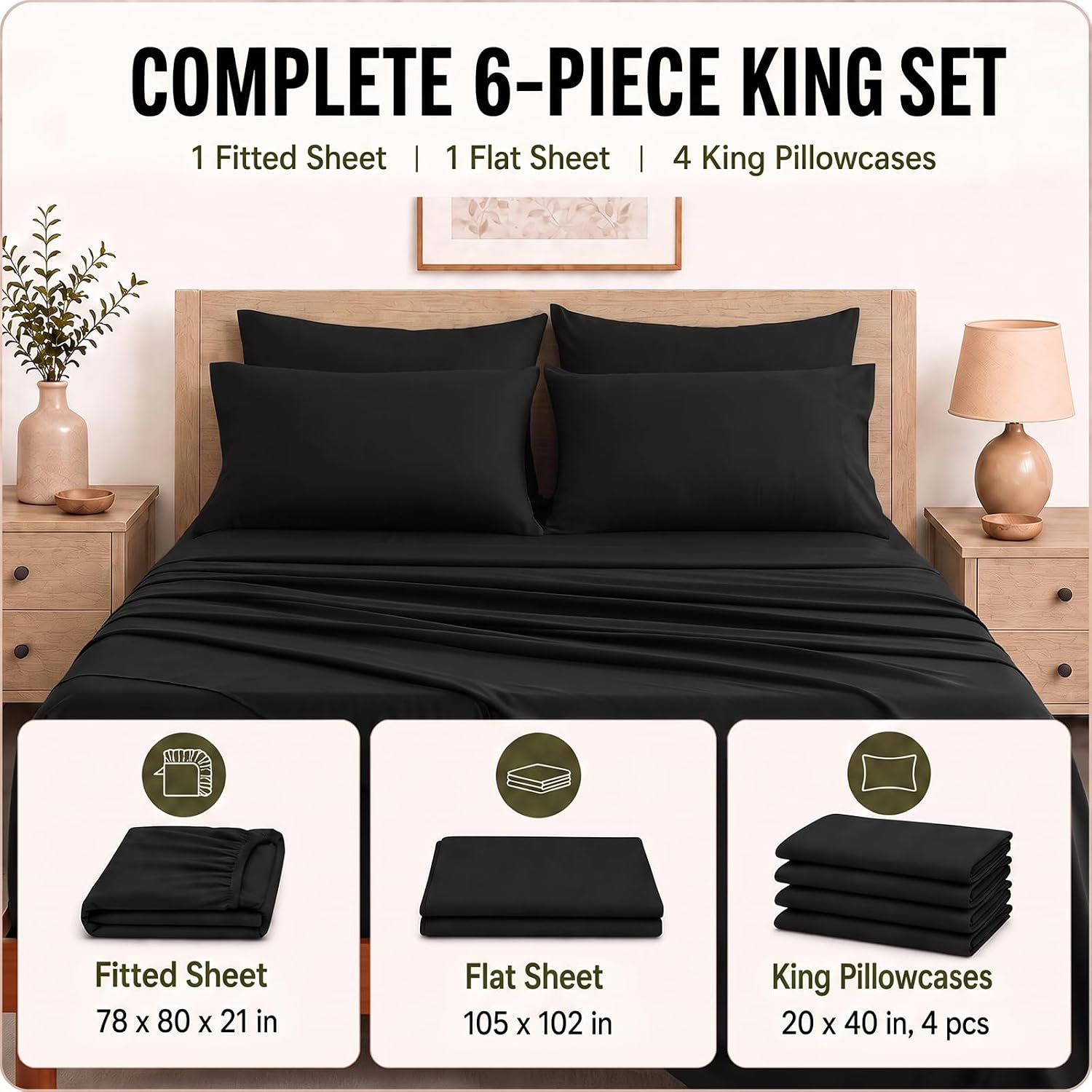 Detalle 1 de CozyLux King Size Sheet Set, 21-Inch Deep Pocket, 6-Piece Microfiber, Black