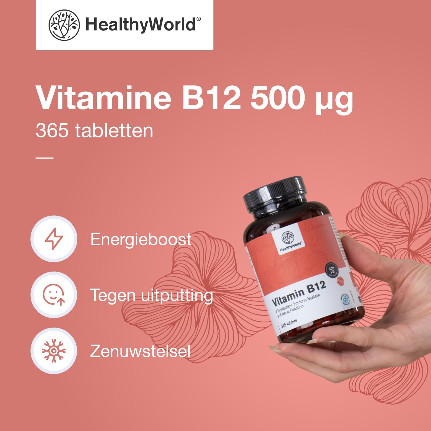 Detalle de HealthyWorld Vitamine B12 500 µg methylcobalamine, 365 tabletten