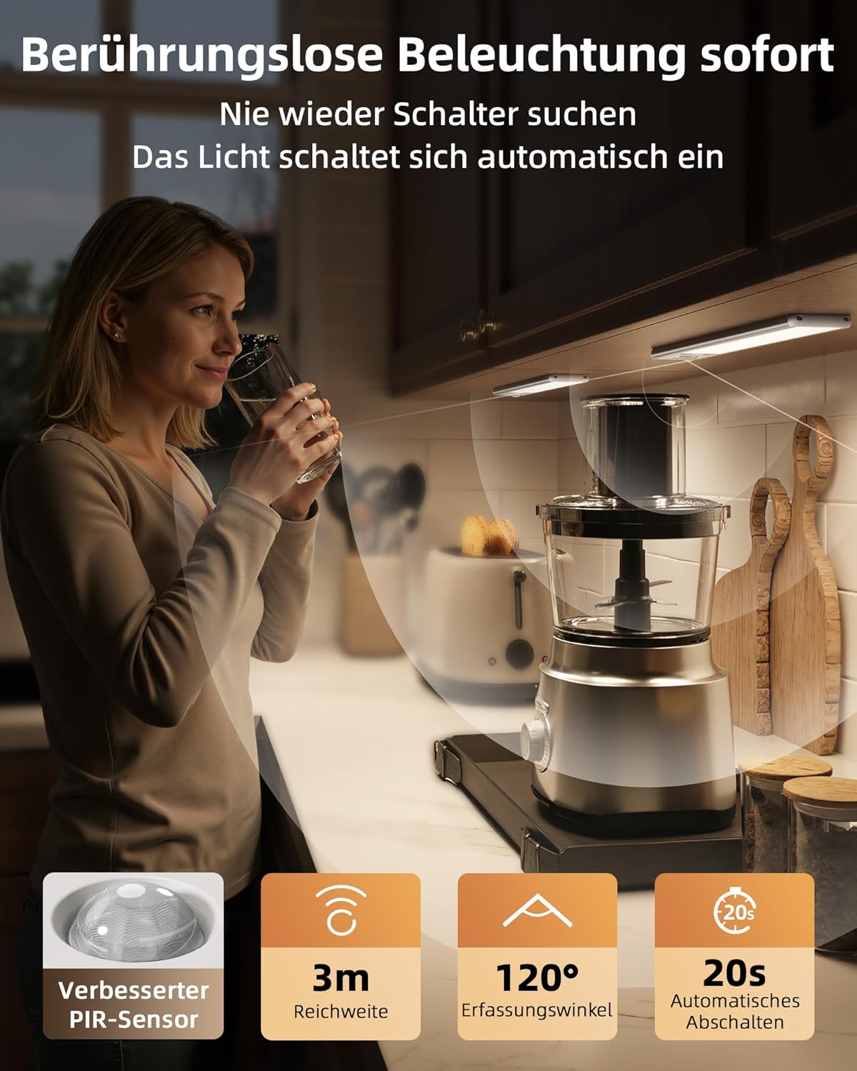 Detalle de EZVALO Schrankbeleuchtung LED 30 cm mit Bewegungsmelder – recargable Unterbauleuchte für Schrank, Küche & Co. (2er-Set, Schwarz)